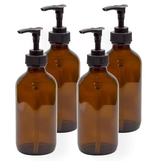 Cornucopia Brands 8oz Glass Pump Bottles (Pack of 4, Amber Brown) Lotion Soap Dispensers w/Black Plastic Pumps