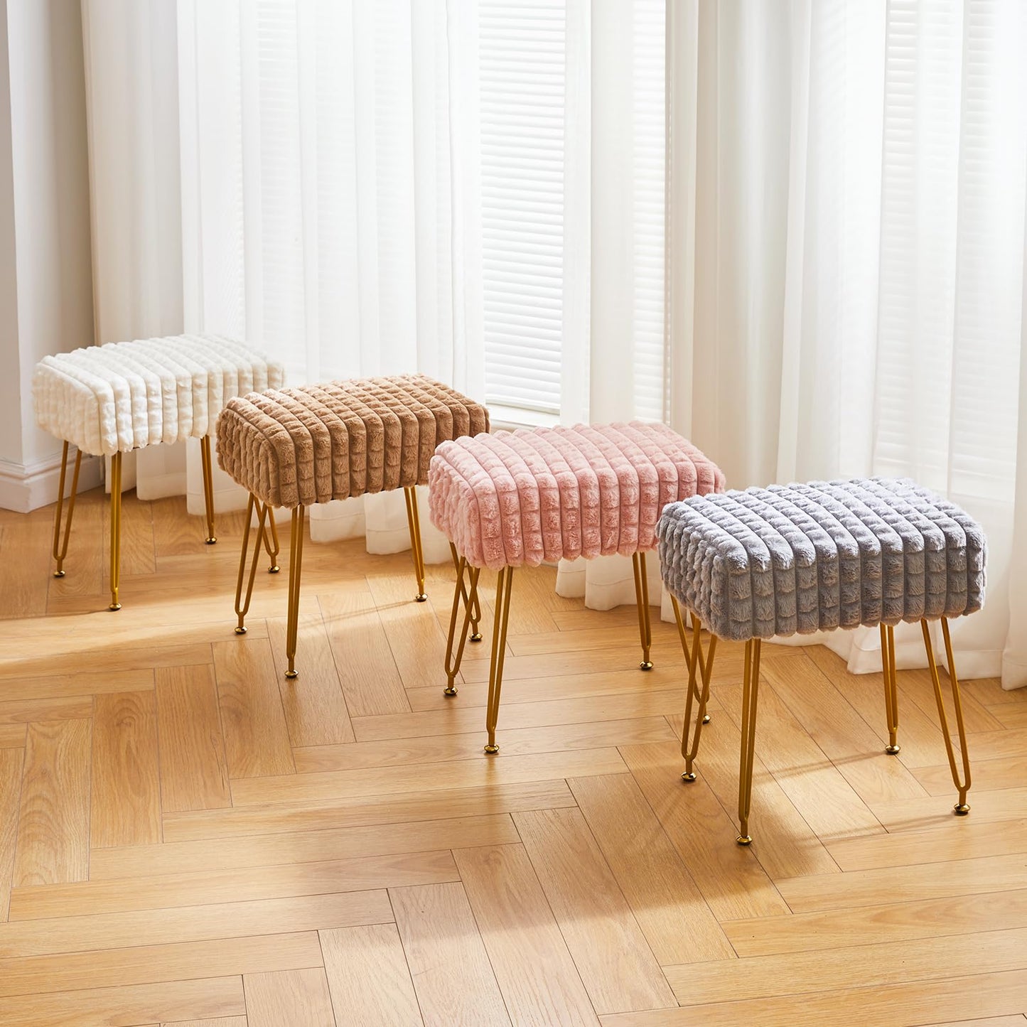IBUYKE Rectangular Footrest Stool Ottoman, Makeup Vanity Stool Side Table, Velvet Dressing Table Seat, Footstool Chair, Golden Steel Legs, for Makeup Room, Bedroom, Square Grid Pattern, White WBD003W