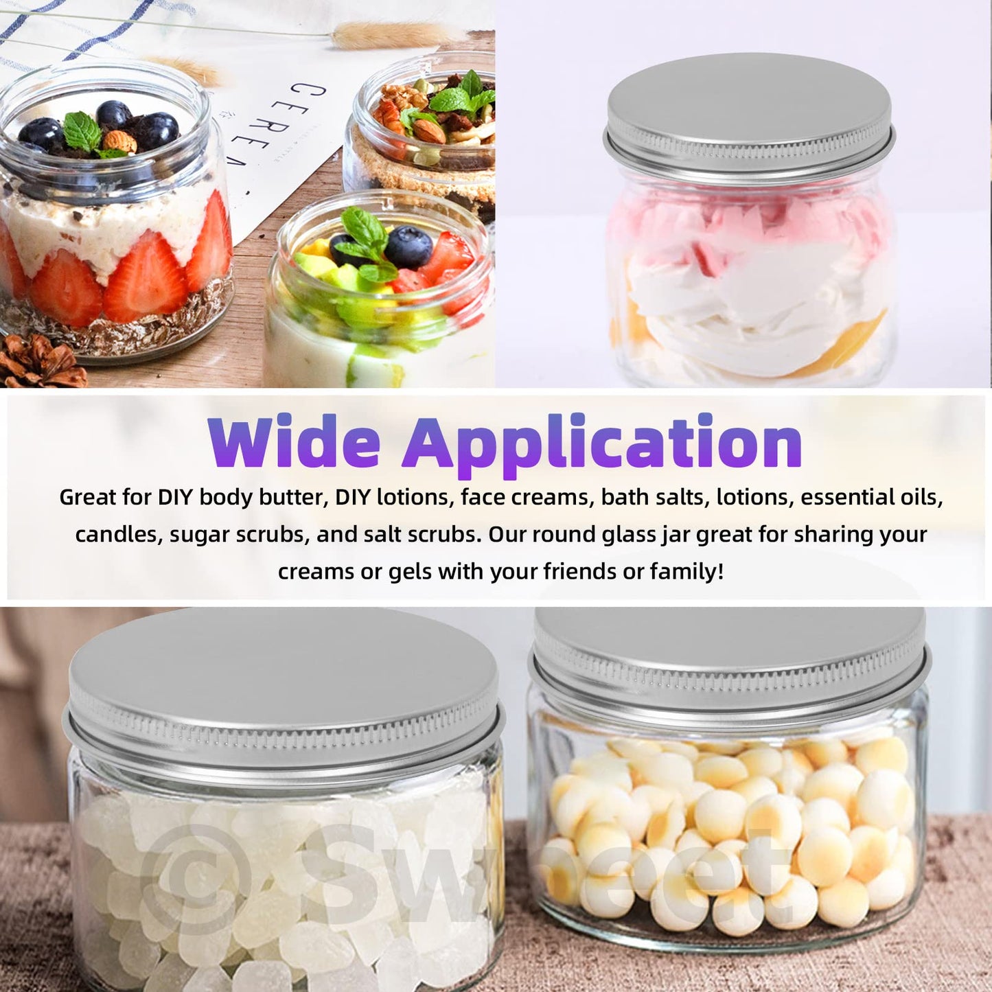 Swpeet 12 Packs 4 oz - 120ML Transparent Glass Jar with Silver Lid Assortment Kit, Round Containers Cosmetic Glass Jars with Lids Travel Jars Cosmetic Containers for Cream, Lotion