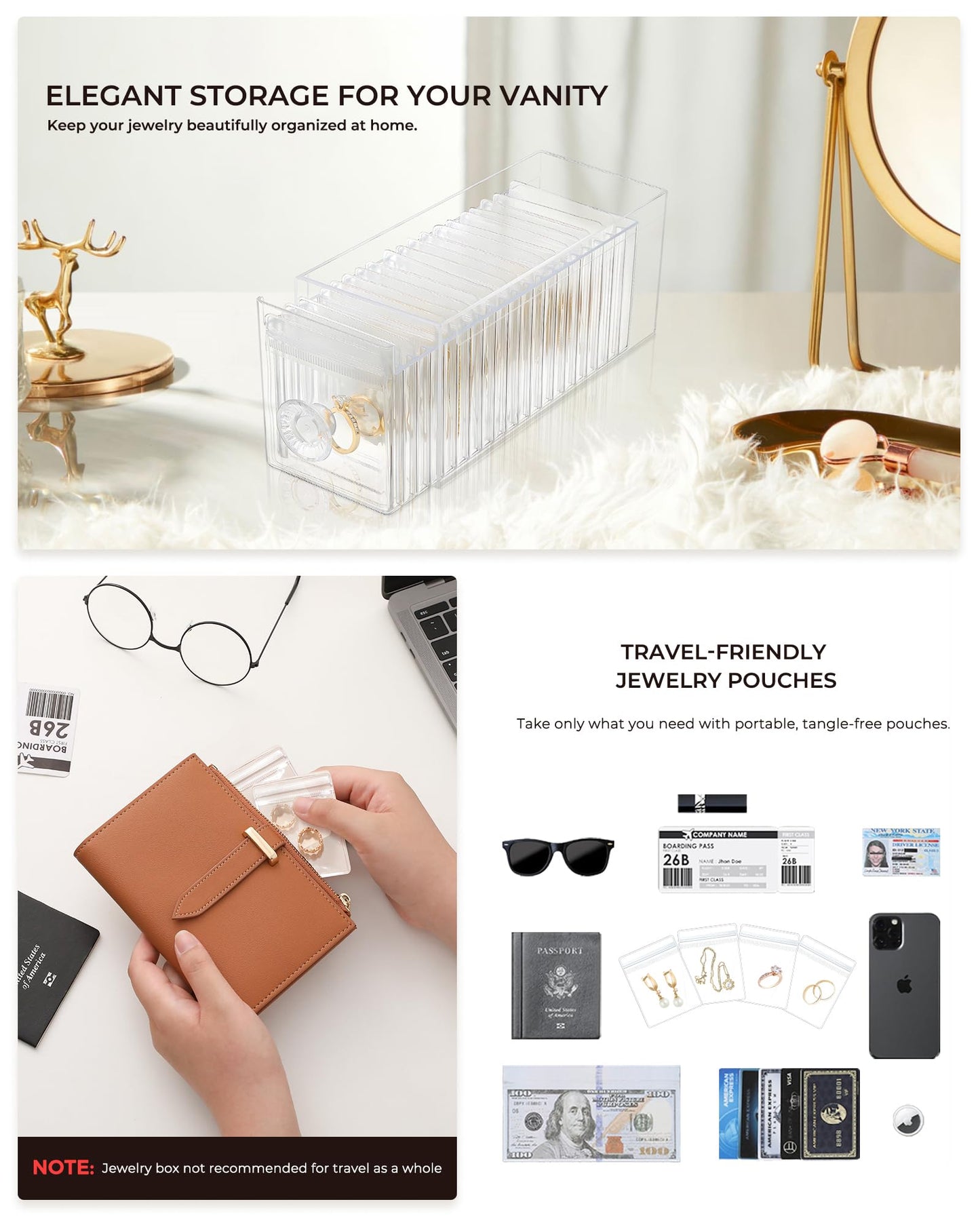 HOMEHIVE Clear Acrylic Jewelry Organizer Box with 20 Portable Pouches, Jewelry Storage Case for Women Girls, Tangle-Free, Anti-Tarnish, Compact Storage for Necklaces/Earrings/Rings, Upgraded Clear