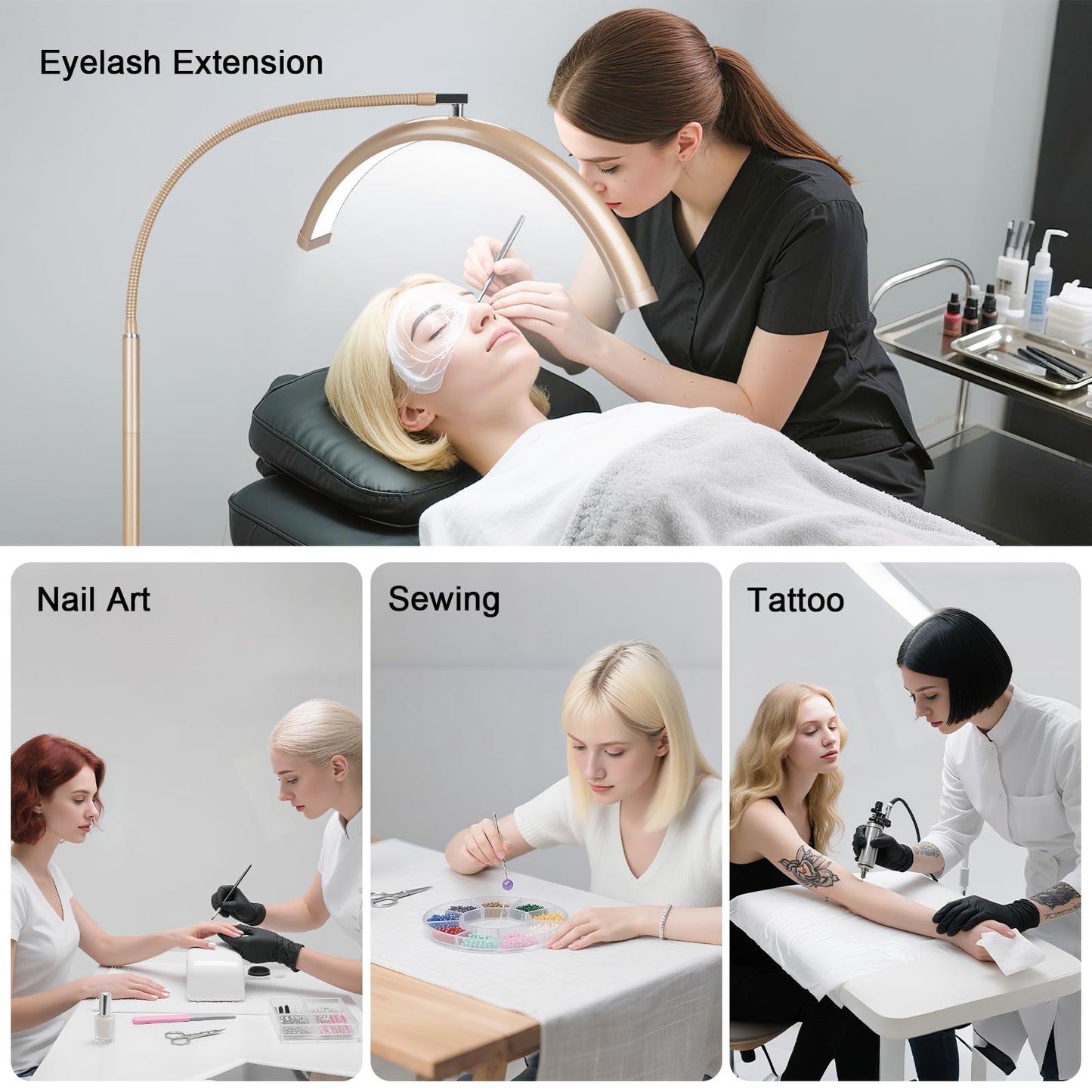 MINIEAR Half Moon Lash Light for Eyelash Extensions & Estheticians, Dimmable LED Lash Lamp with Flexible Gooseneck, Shadow-Free Moon Light for Lash Tech, Tattoo, SPA, Eyelash Lamp (Gold)