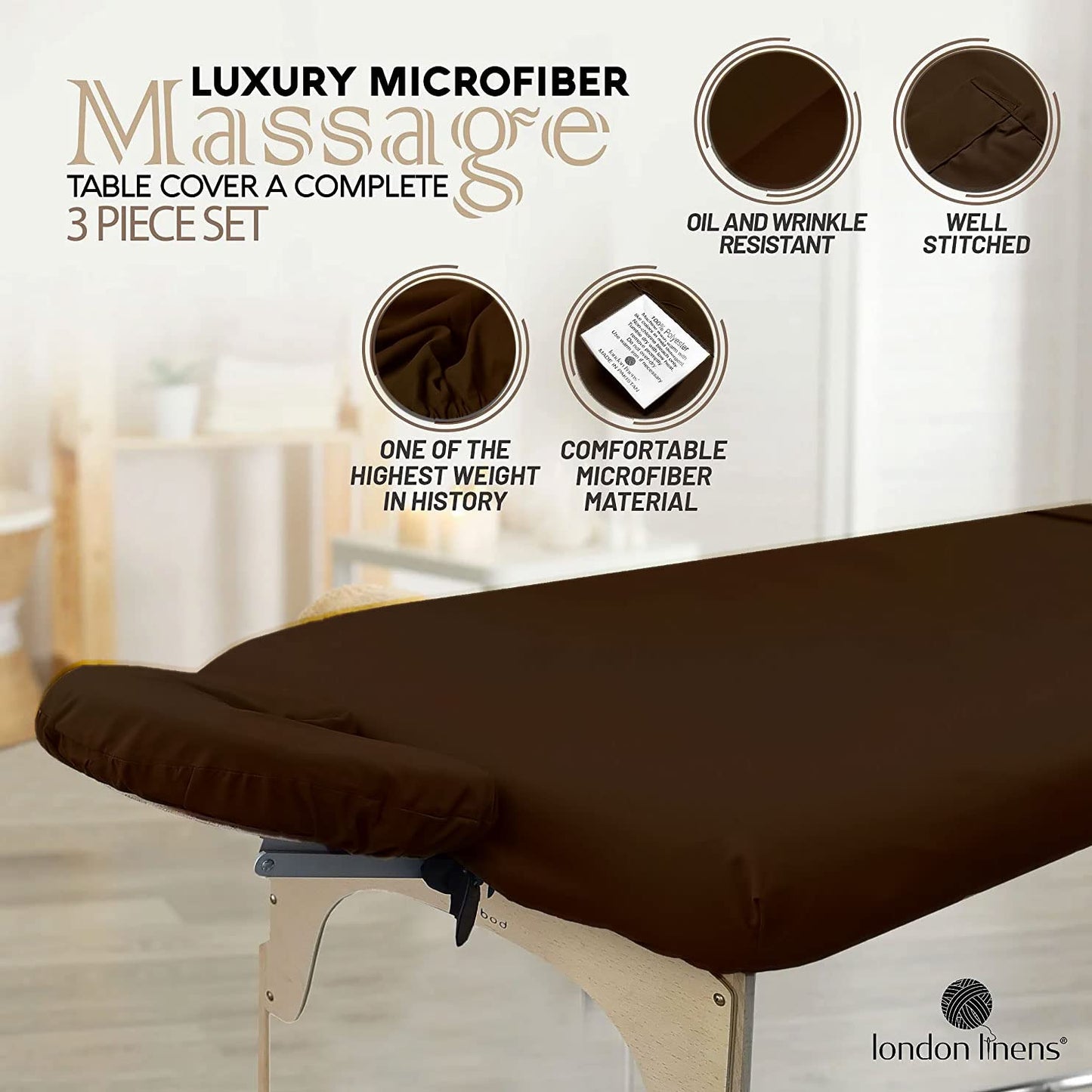 LONDON LINENS Soft Microfiber 3-Piece Massage Table Sheets - Super Lightweight, Stain and Wrinkle Resistant - Includes Table Cover, Fitted Sheet, and Face Rest Cover (Mocha)