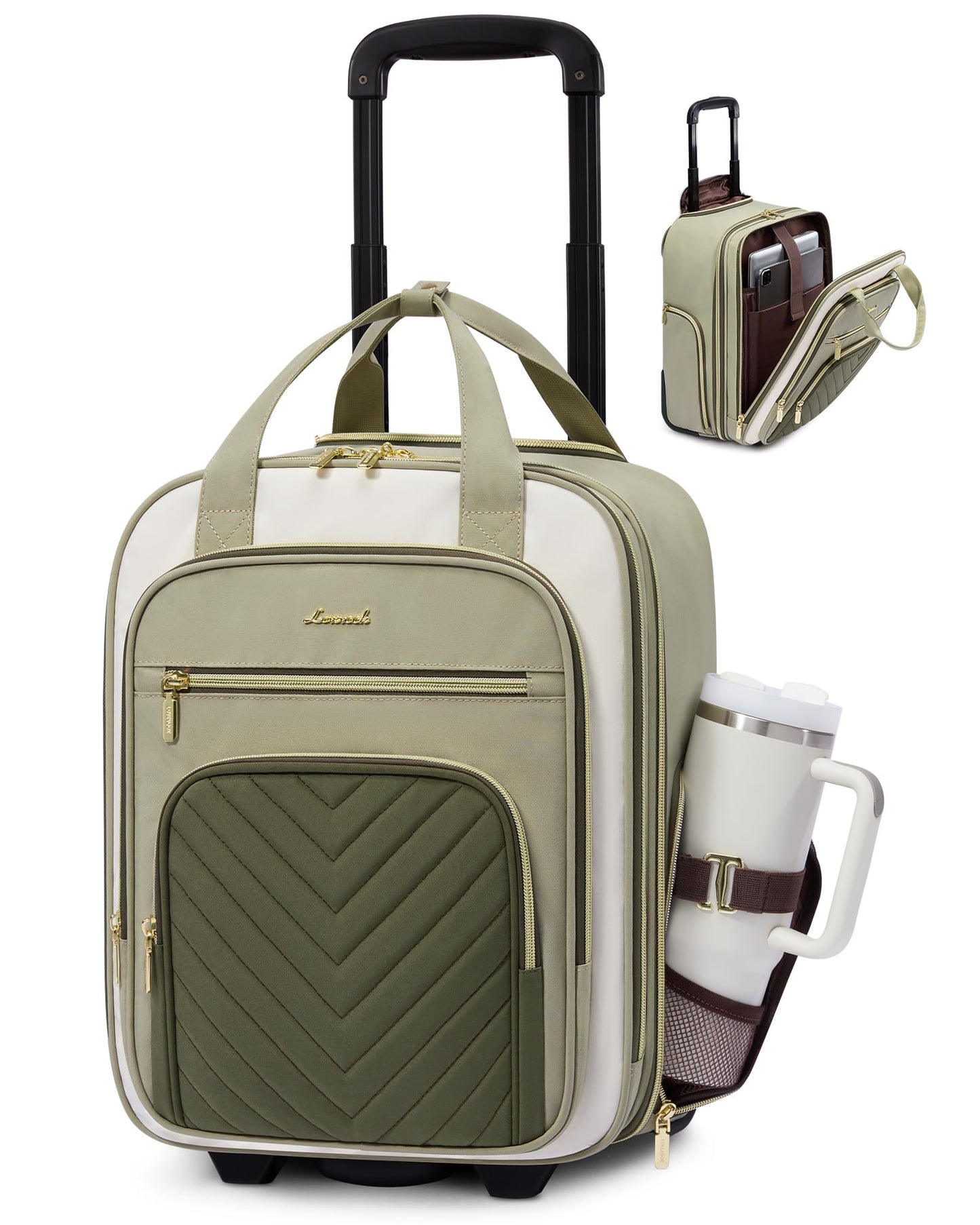 LOVEVOOK Underseat Carry On Luggage with Wheels and Giant Tumbler Holder Pocket, Soft Sided Under Seat Personal Item Suitcase for Travel, Business, Work