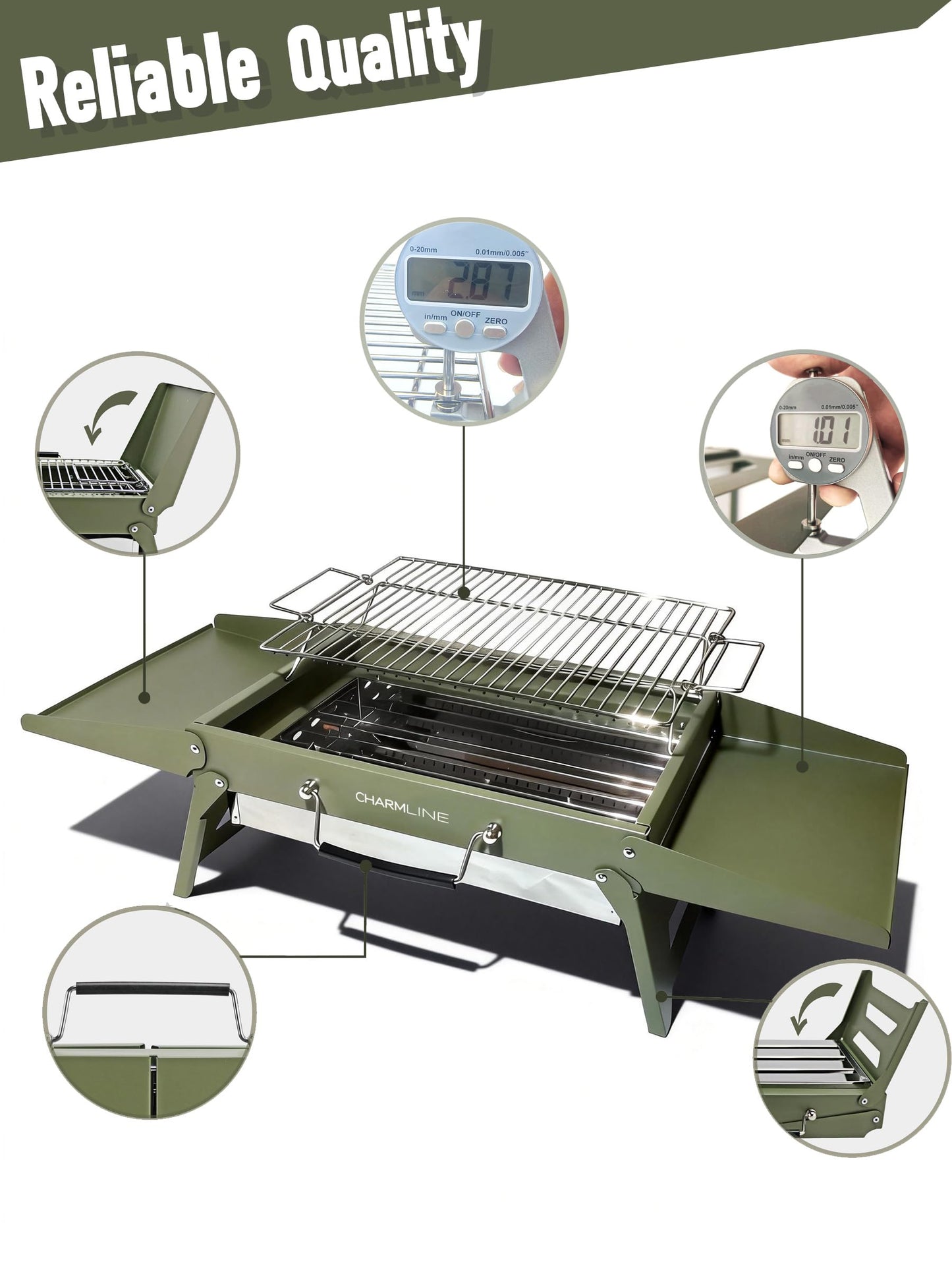 Charmline 15 x 11 inches Portable Charcoal BBQ Grill, Foldable Compact Camping Barbecue for 2–4 People, Ideal for Garden, Beach, Picnic & Tabletop Use, Green