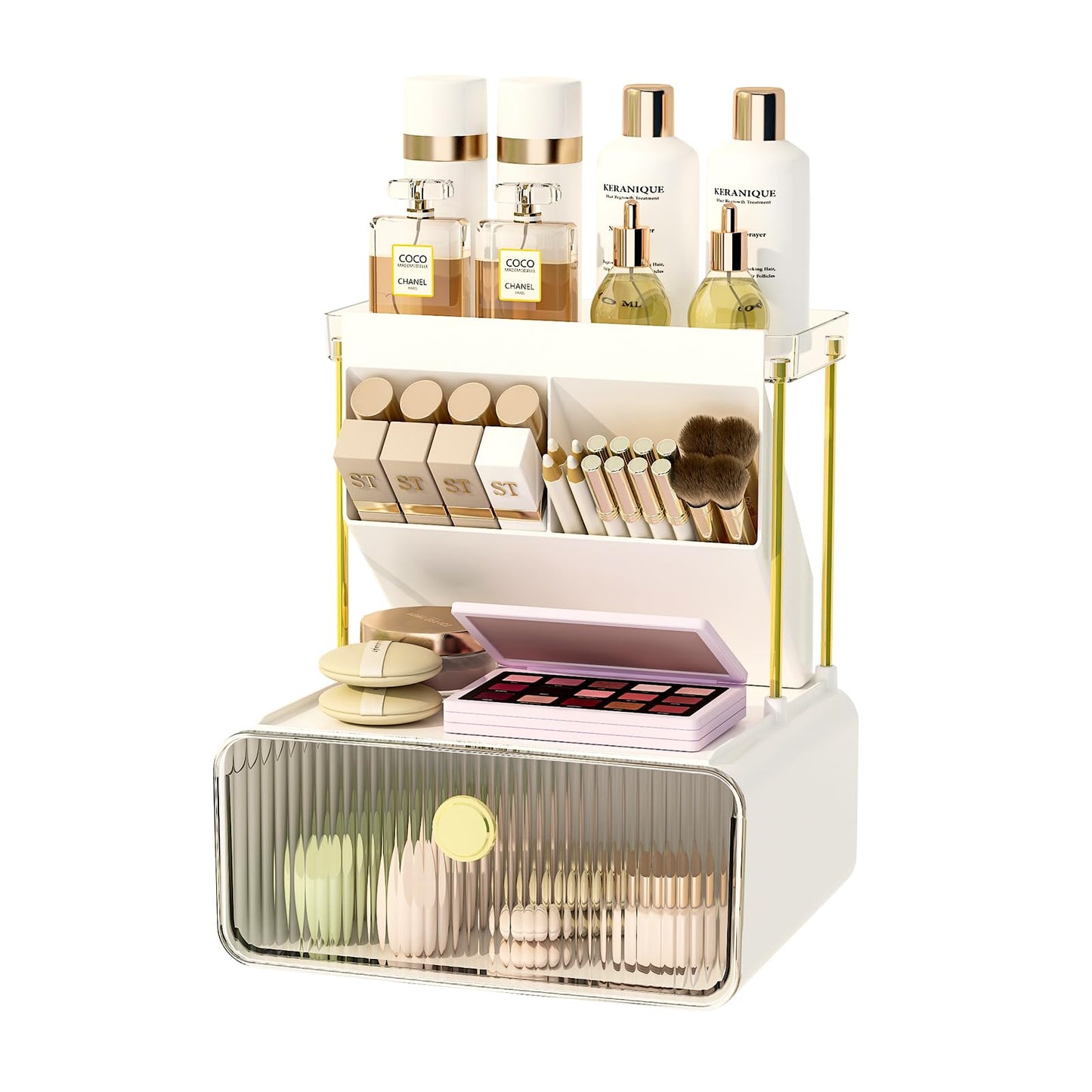 FOLLOWIN Bathroom Counter Organizer with Drawer, Dresser Top Organizer with Make Up Brush Holder, Makeup Shelf, Vanity Organizers, Cosmetic Perfume Organizer, Clear