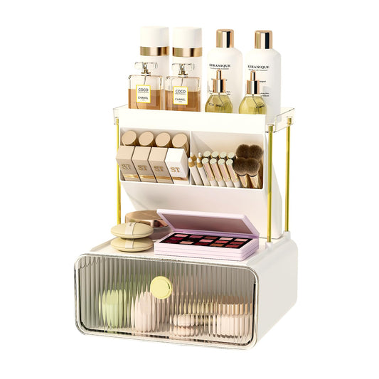 FOLLOWIN Bathroom Counter Organizer with Drawer, Dresser Top Organizer with Make Up Brush Holder, Makeup Shelf, Vanity Organizers, Cosmetic Perfume Organizer, Clear