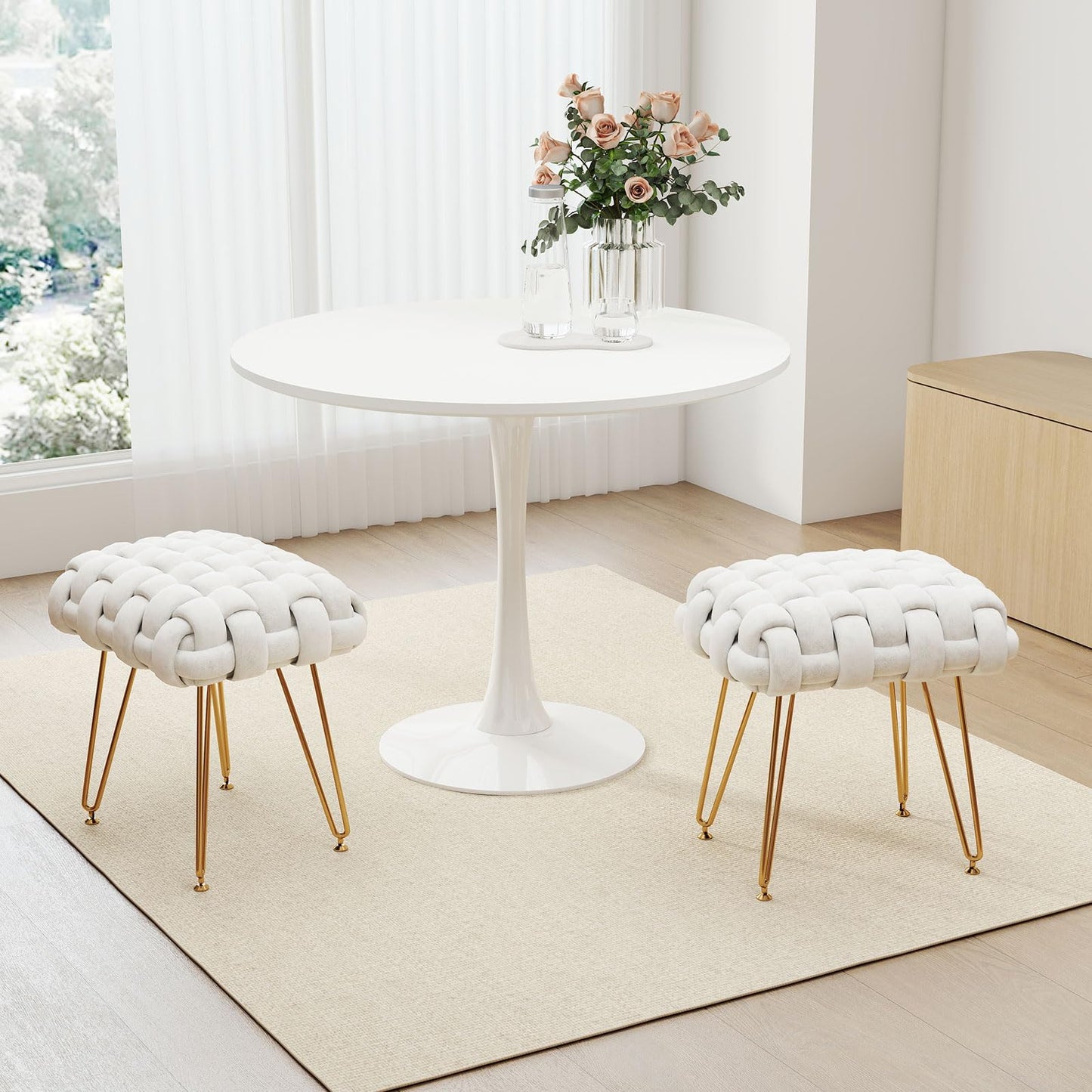 Sefulei Upholstered Velvet Vanity Stool, Hand-Woven Makeup Vanity Chair with Gold Metal Legs, Modern Foot Stool Ottoman for Living Room Bedroom, Easy Assembly (White)