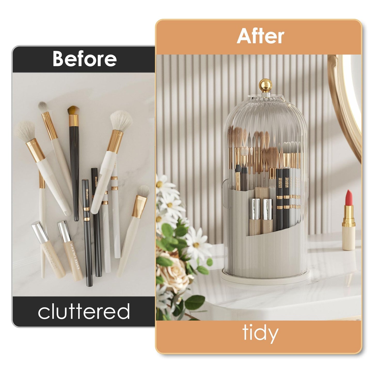 YOOLENS Makeup Brush Holder with Lid 360 Rotating Clear Dustproof Make Up Organizers for Vanity Bathroom Countertop, Transparent