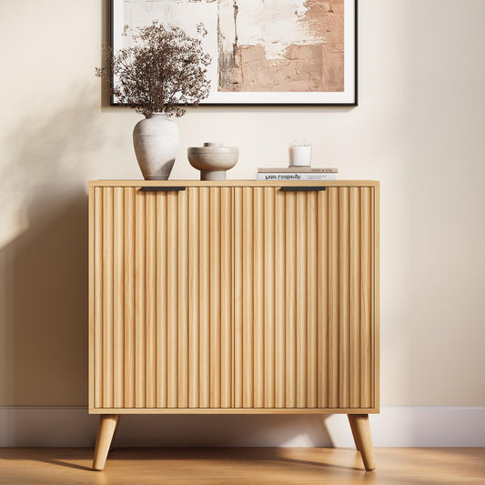EPLICEMR Fluted Sideboard Buffet Cabinet with Storage, 2 Doors Modern Sideboard Cabinet for Living Room, Wood Coffee Bar Cabinets with Adjustable Shelves Accent Credenza for Kitchen, Entryway, Natural