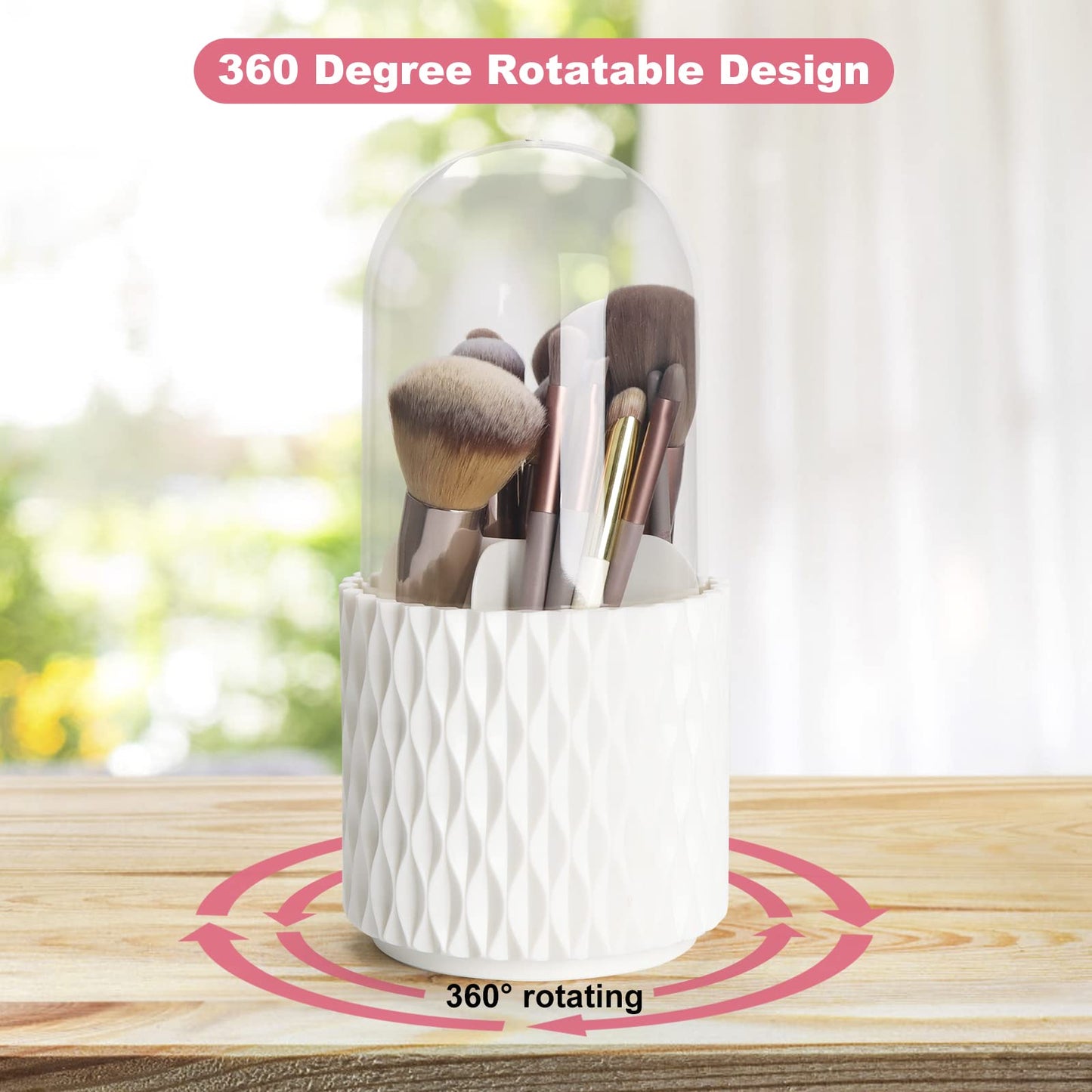 HSSPANFN Makeup Brush Holder Organizer with Lid -360° Rotating Dustproof Make Up Brushes Container with Clear Acrylic Cover, Spinning Cosmetics Holders Storage Cup with 5 Compartment