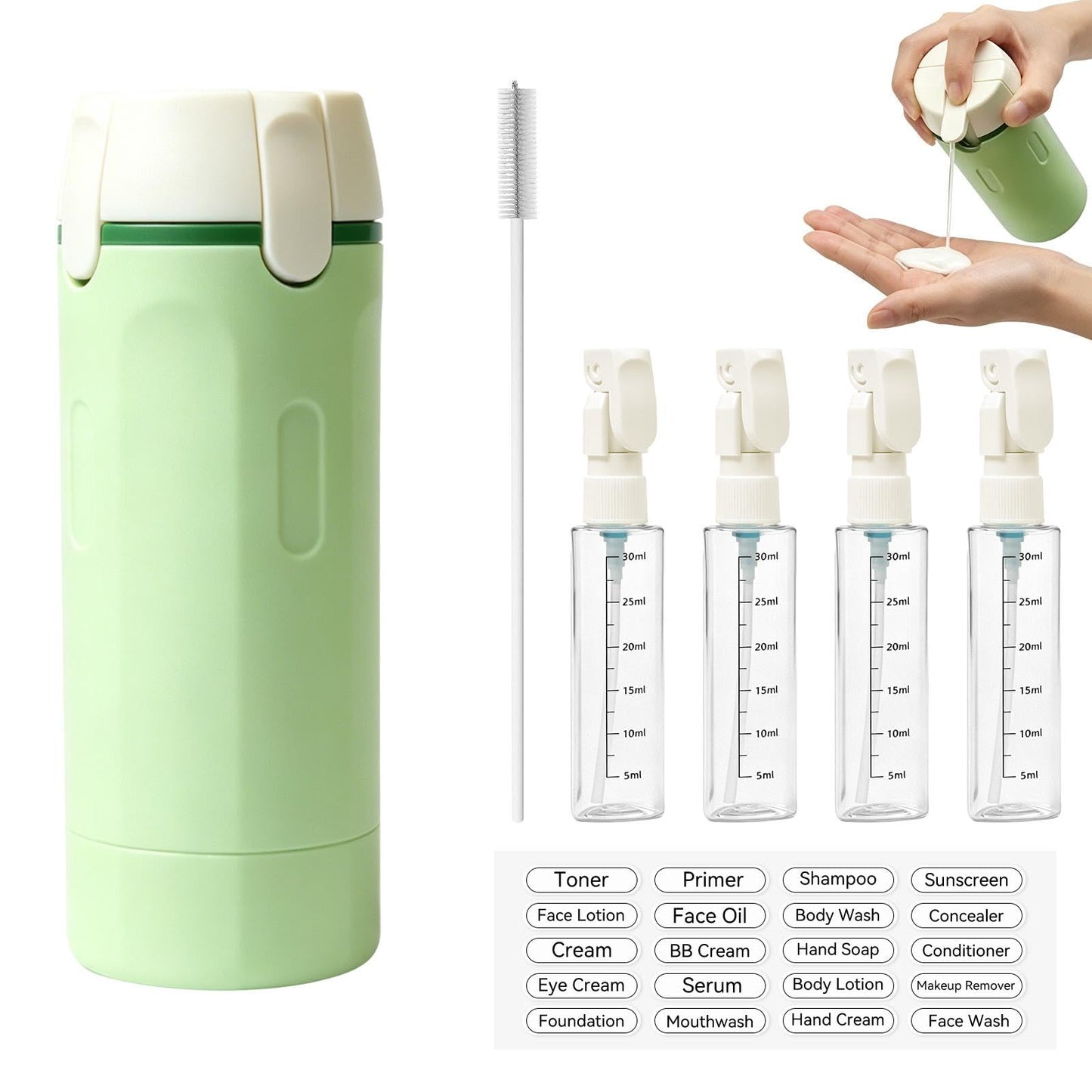 4 in 1 Travel Dispenser Bottles,4 Pack 30ML Leak Proof TSA Compliant Toiletry Containers with Pump,Refillable Portable Bottles for Shampoo,Conditioner,Lotion–Ideal for Vacation,Camping,Business Trip