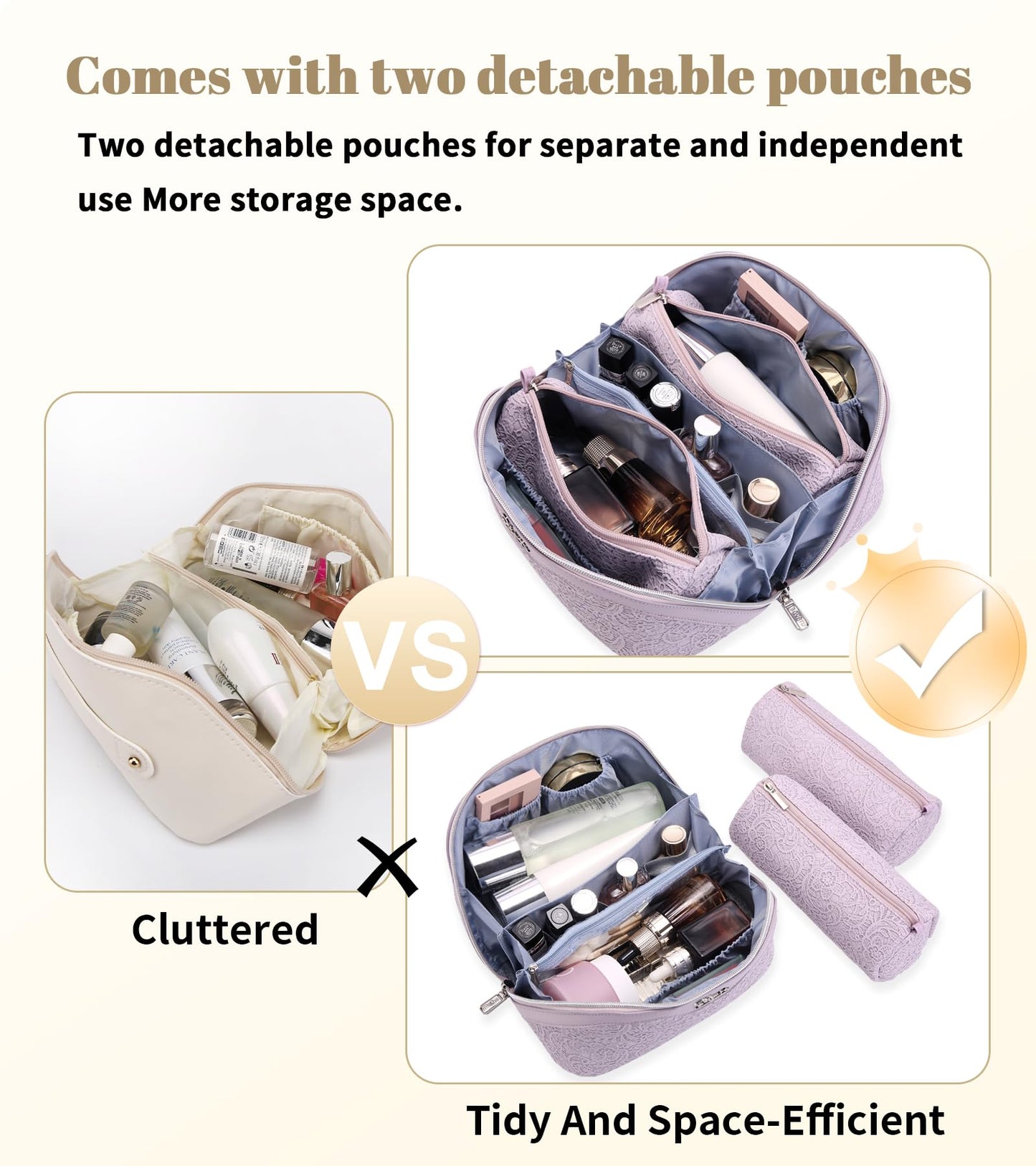 BOYATU Travel Makeup Bags Cosmetic Organizer Bag: 3-Set Large Capacity Make up Bag - PU Leather Toiletry Bags for Women - Wide Open Portable Pouch with Divider & Handle (A-Violet)