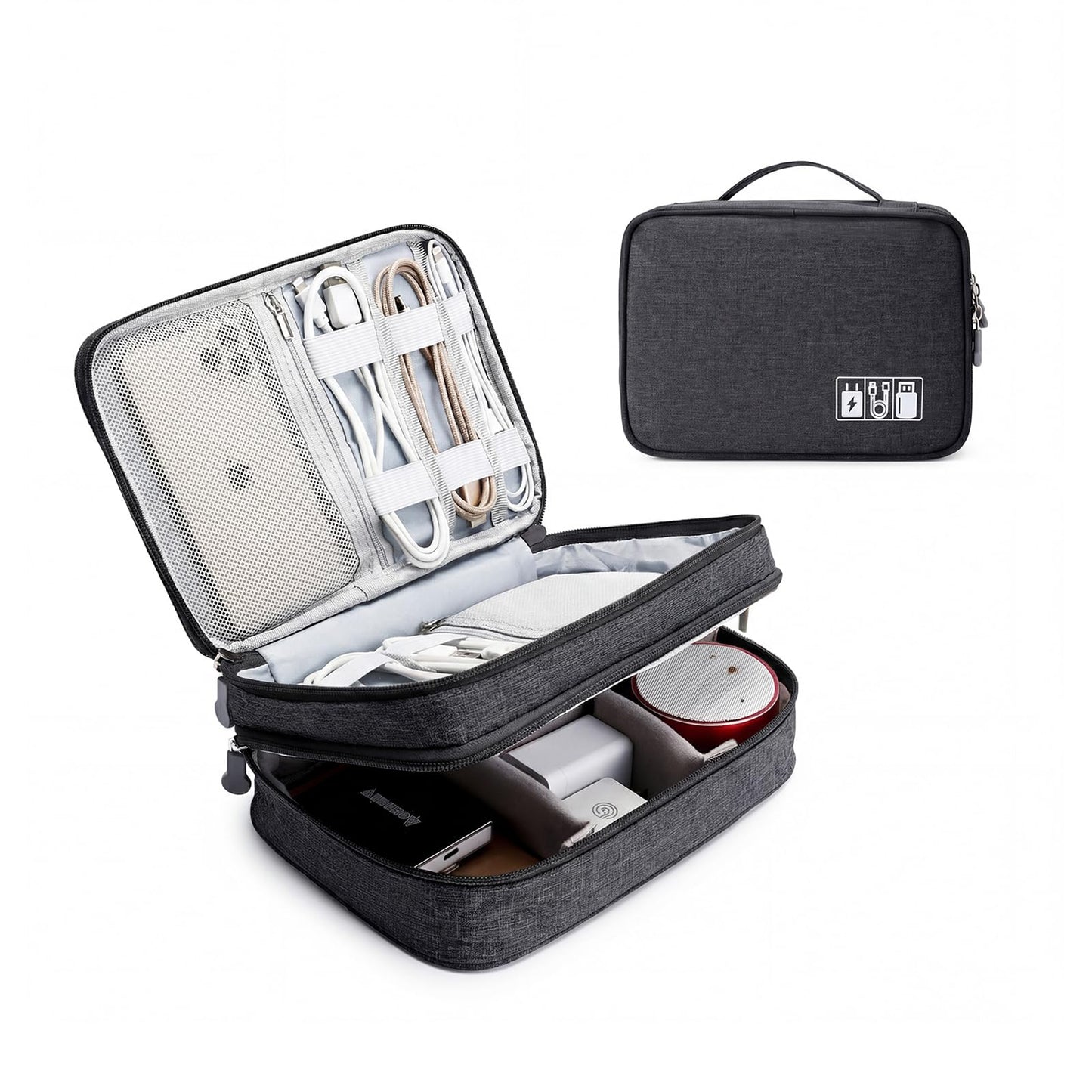mygreen Electronic Accessories Organizer Bag, Waterproof Double Layer Travel Storage Case with Adjustable Padded Dividers, Portable Hard Pouch for Cables, Charger, Power Bank, Phone, Hard Drive Black