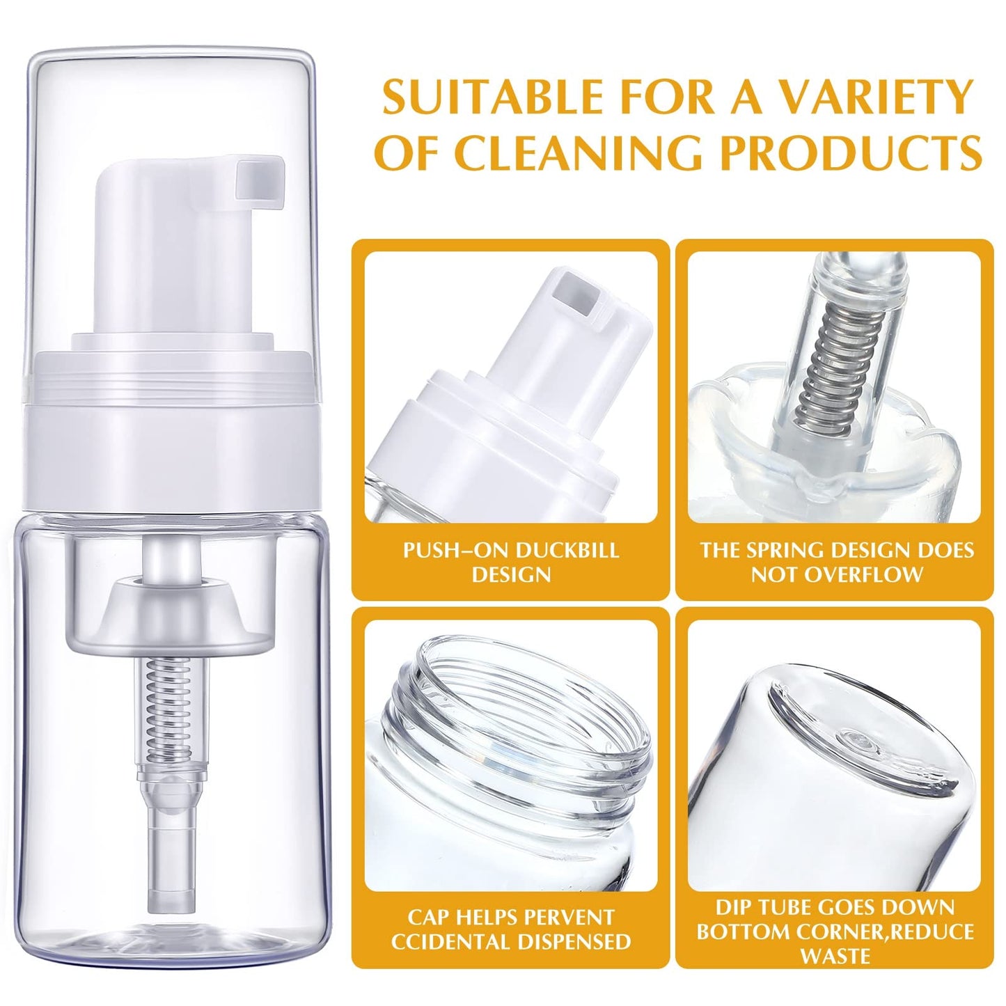 50 Pack Foam Pump 1oz/30ml Refillable Dispenser Travel Size Plastic Mini Bottle for Lash Shampoo, Cleaning, Cosmetics - Portable Clear Foaming Packaging