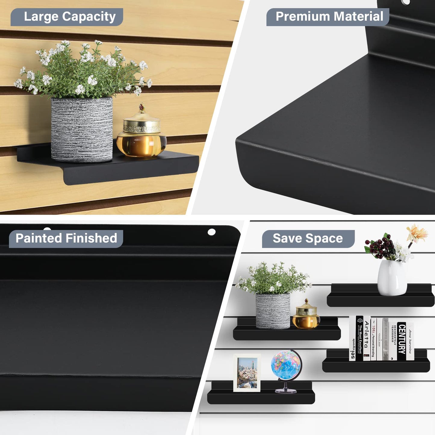 SNOGSWOG 10X4.3 Inch Slatwall Shelves Set of 20, Metal Slat Wall Shelves Accessories, Black Flat Display Shelves for Slat, Metal Retail Display for Storage and Organization