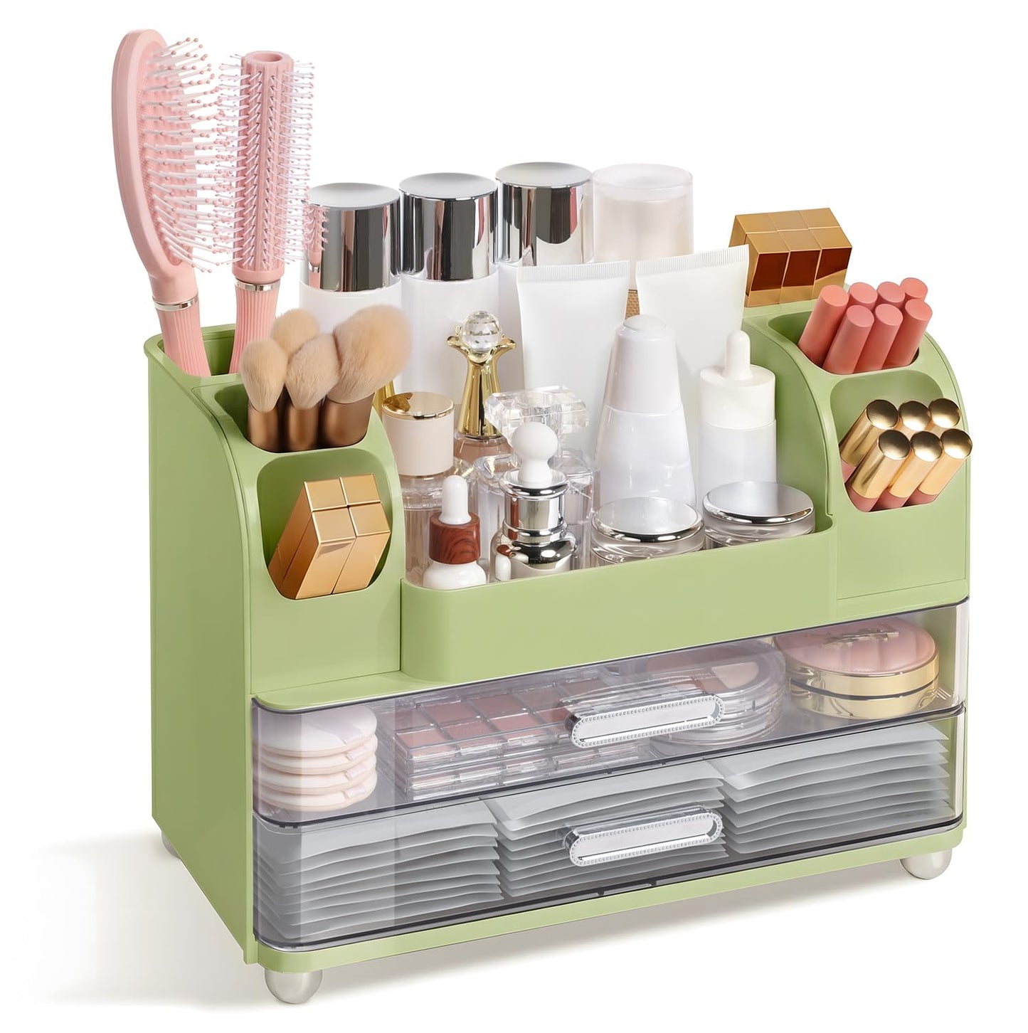 Brothersbox Makeup Organizer for Vanity with 2 Large Drawers and 6 Brush Holders, Large Bathroom Countertop Cosmetic Storage for Skincare, Lipstick, Nail Polish, Perfume, Gift for Women, Green
