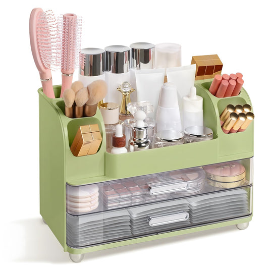Brothersbox Makeup Organizer for Vanity with 2 Large Drawers and 6 Brush Holders, Large Bathroom Countertop Cosmetic Storage for Skincare, Lipstick, Nail Polish, Perfume, Gift for Women, Green