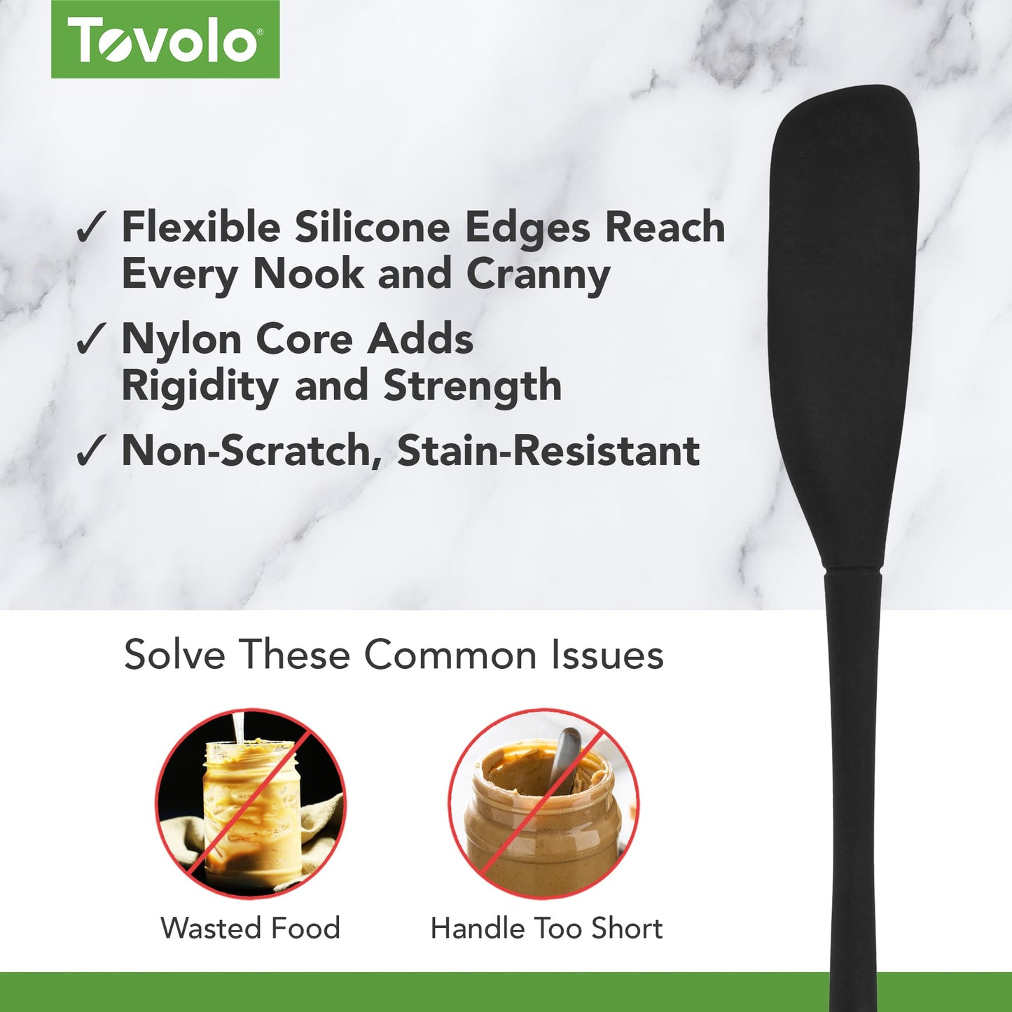Tovolo Silicone Jar Spatula Long Handled Rubber Scraping Scooping Tool for Peanut Butter Jam Jelly Jars Blenders, Easy Reach Extra Long Flex Core Silicone Jar Scraper Dishwasher Safe BPA Free, Black