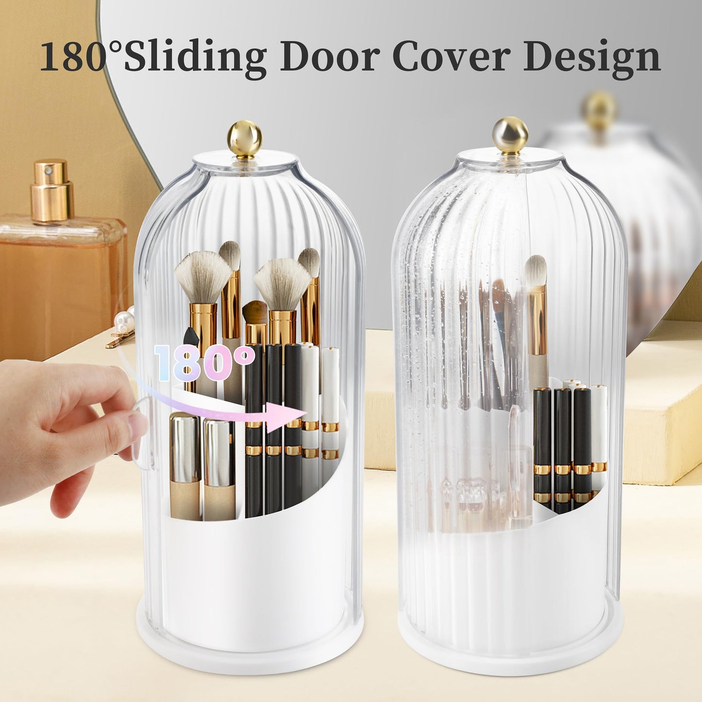 Makeup Brush Holder with Lid 360 Rotating Makeup Brush Organizer, Dustproof Waterproof Material & with 3 Compartments for Organized Storage, Dressing Tables Clear Storage Skincare Cosmetic (White)