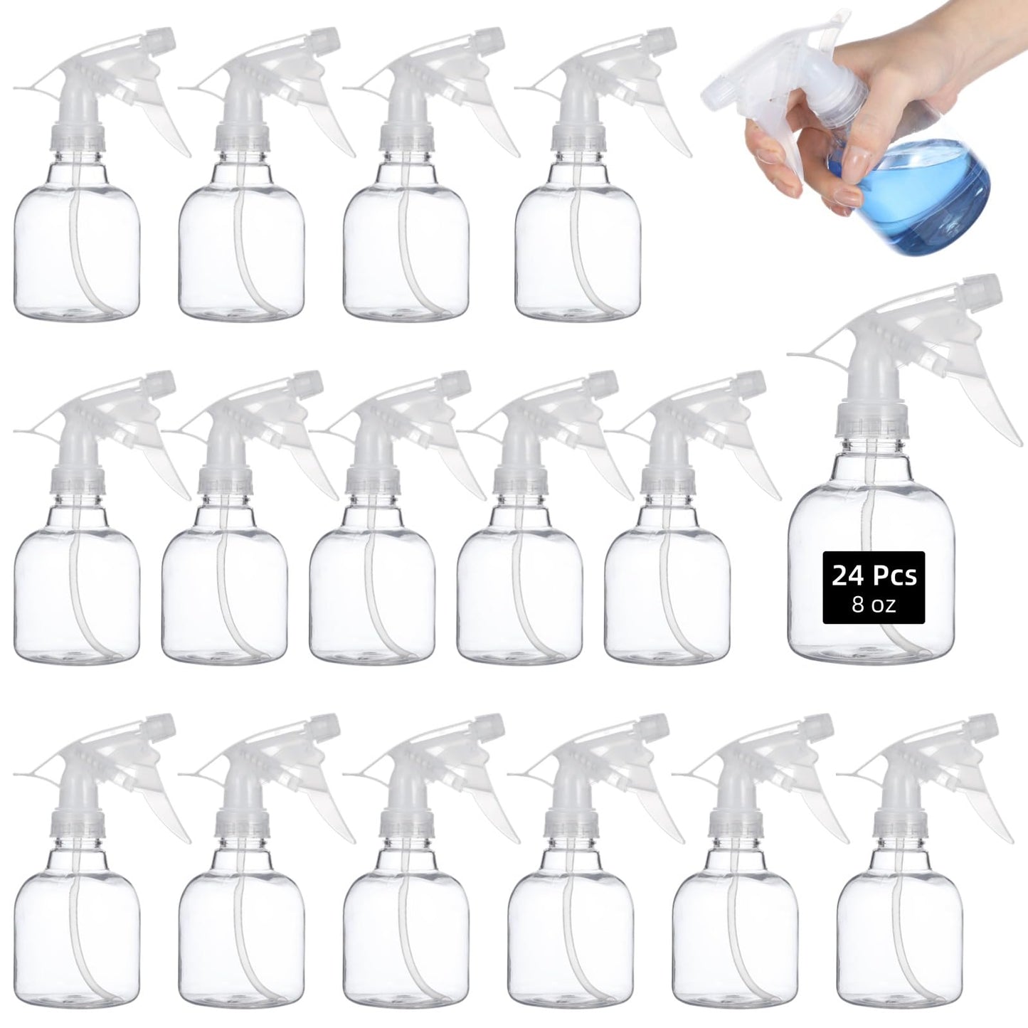 Skdqiee 24 Pcs Refillable Spray Bottles, Small 8 oz Plastic Spray Bottles with Adjustable Nozzles for Gardening, Hair Care, Cleaning