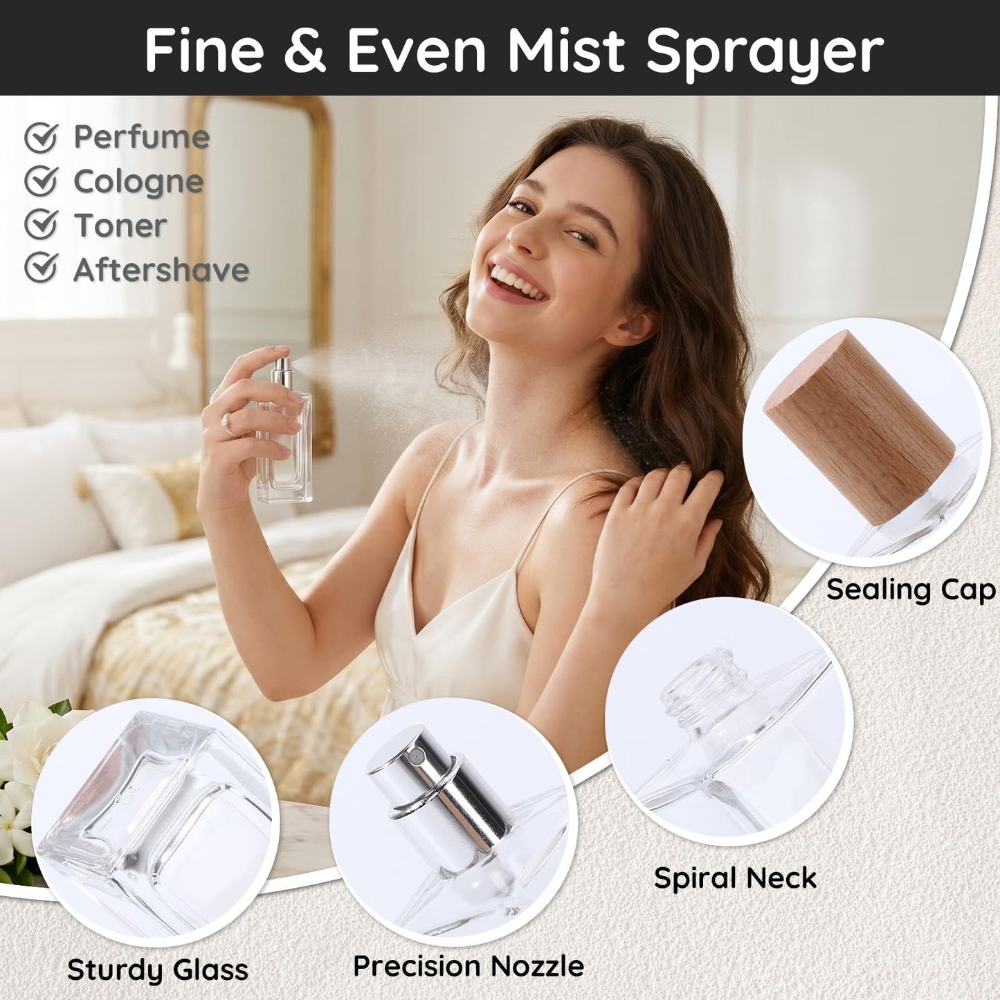 Segbeauty 1.7oz Clear Glass Perfume Spray Bottles for Travel, 2pcs Light Wooden Cap Cologne Atomizer Set with Perfume Transfer Tool, 50ml Fine Mist Sprayer for Cosmetic Liquids, Empty Cologne Bottles