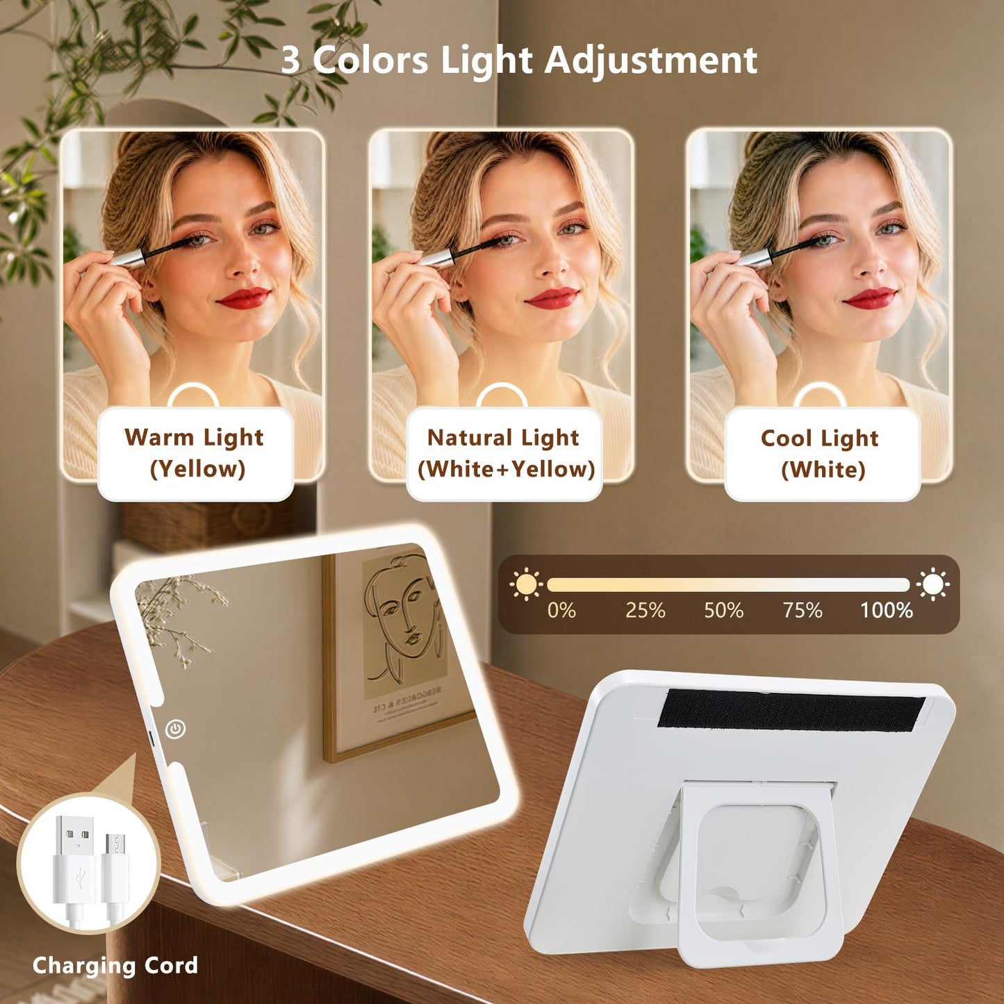 Faquenc Makeup Bag with LED Lighted Mirror 10.2-in Travel Makeup Bag Train Case Adjustable Brightness in 3 Colors Cosmetic Organizer Case Artist Storage Bag with Dividers Brush Holder Bag Vanity Brown