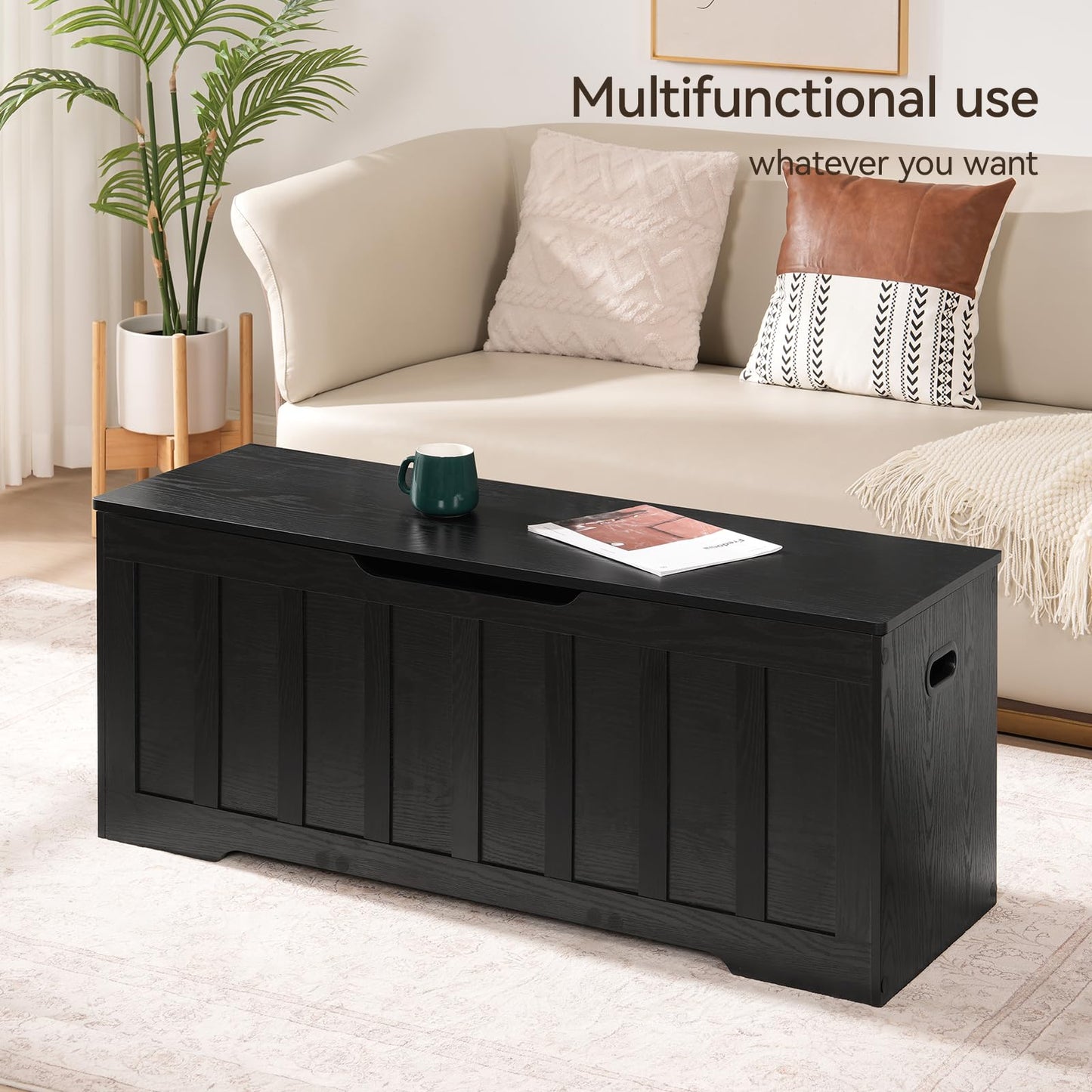 VANKILEY 47.2" Storage Chest Extra Large,Storage Trunk with 2 Safety Hinges,Wooden Storage Bench,Shoe Bench,47.2x15.7x19.1 Inch,Easy Assembly,Storage Bench for Bedroom,Living Room,entryway(Black).