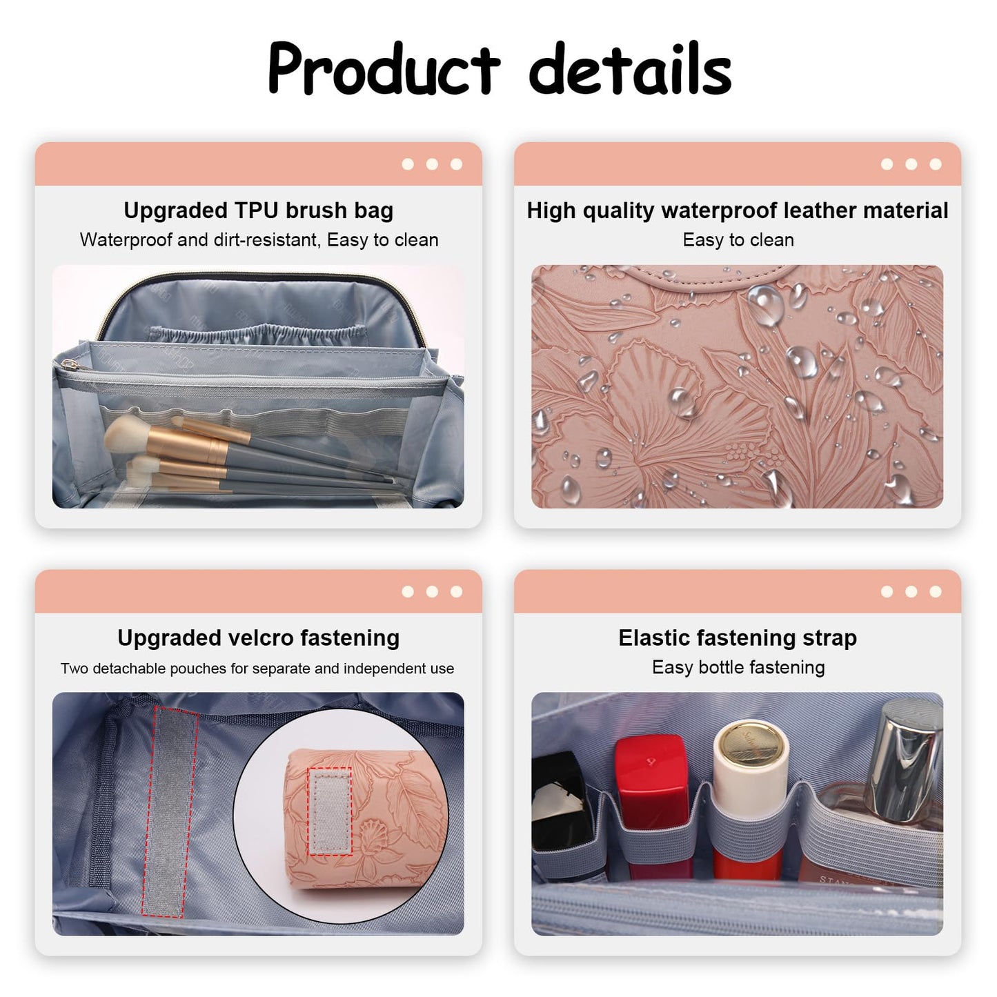 BOYATU Travel Makeup Bags Cosmetic Organizer Bag: 3-Set Large Capacity Make up Bag - PU Leather Toiletry Bags for Women - Wide Open Portable Pouch with Divider & Handle (01-Z-Pink)