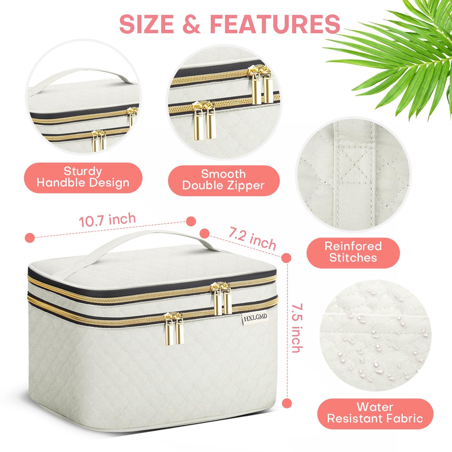 HXLGMD Large Makeup Bag with Mirror Double Layer Travel Make Up Organizer Case, Large Capacity Coemetic with Brush Slot Divider, Travel Toiletry Bag for Women - White/Beige