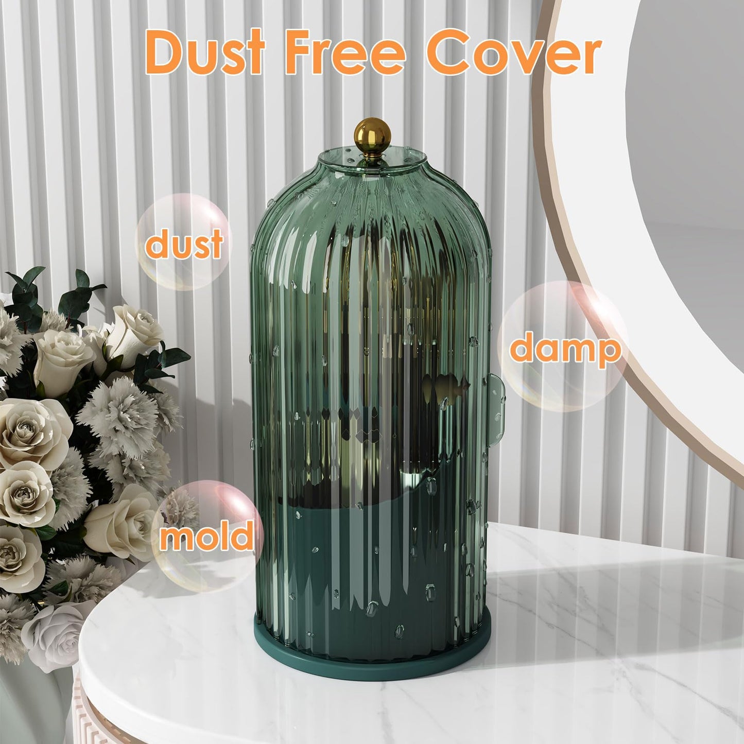 YOOLENS Makeup Brush Holder with Lid 360 Rotating Clear Dustproof Make Up Organizers for Vanity Bathroom Countertop, Green