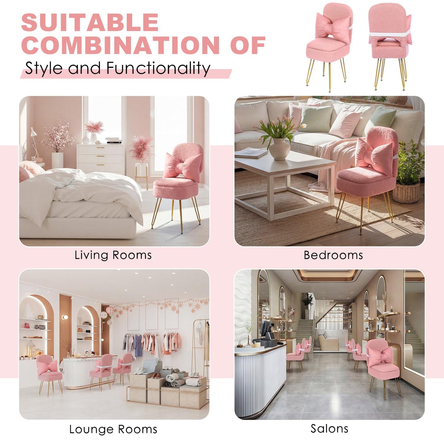 Novabright Small Vanity Stool Chair with Storage and Back Faux Fur Soft Ottoman Pink Bow Makeup Vanity Chair 13" x 14" x 30" Cute Small 4 Metal Leg for Makeup Bedroom Living Room Dressing Room