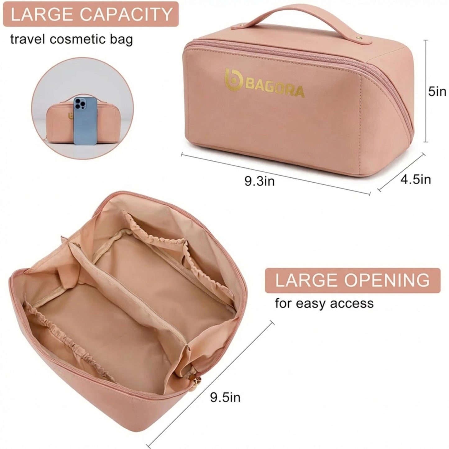 BAGORA Large Capacity Travel Makeup Bag for Women, Waterproof Cosmetic & Toiletry Organizer with Wide Opening, Clear Divider, Brush Holder and Handle (Pink)