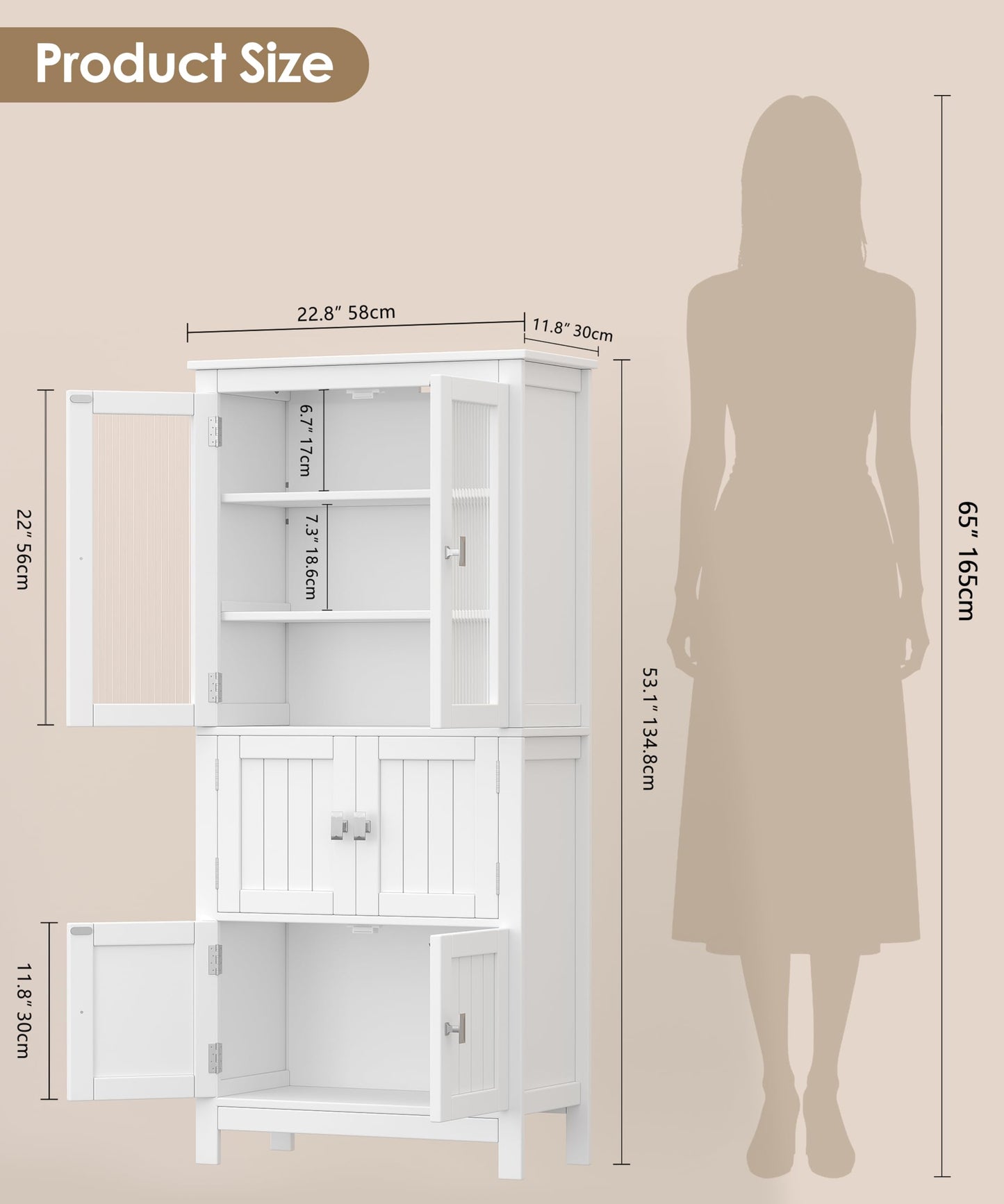 Akxomel 53.1" H Tall Bathroom Storage Cabinet, Bathroom Floor Cabinet with 6 Doors and Adjustable Shlef, Linen Cabinet, Pantry Cabinet for Living Room, Kitchen, Entryway, White