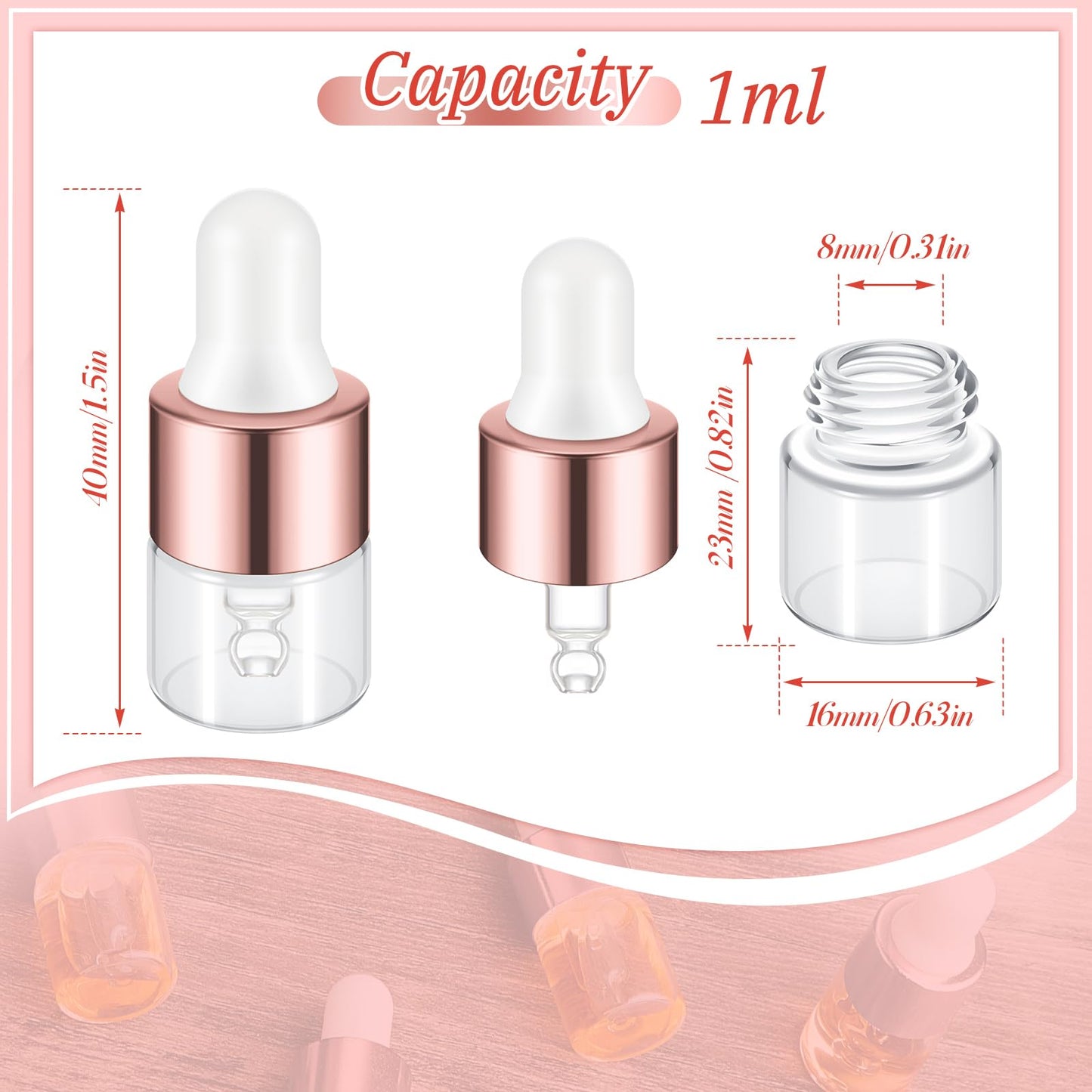 Didaey 100 Pcs 1 ml Mini Glass Oil Dropper Bottle Bulk, Clear Essential Small Empty Bottles Sample Containers Perfume Liquid Vials with Cap for Traveling (Rose Gold)