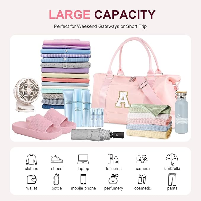 Dance Gym Duffel Bag for Teen Girls, Personalized Initial Travel Weekender Bag,Cute Overnight Carry On Duffle for Women,Sports Travel Cheer Bag,Monogram Christmas Gifts for Tween Preppy(pink-A)