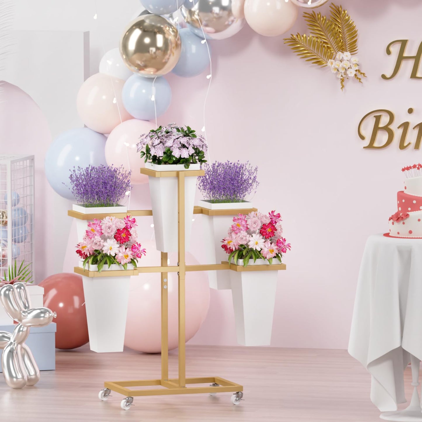 MILEFA Flower bar Stand with Buckets, Moving Flower Display Stand with Wheels, Metal Flower Cart for Bridal Shower, Wedding, Party, Garden, Gold