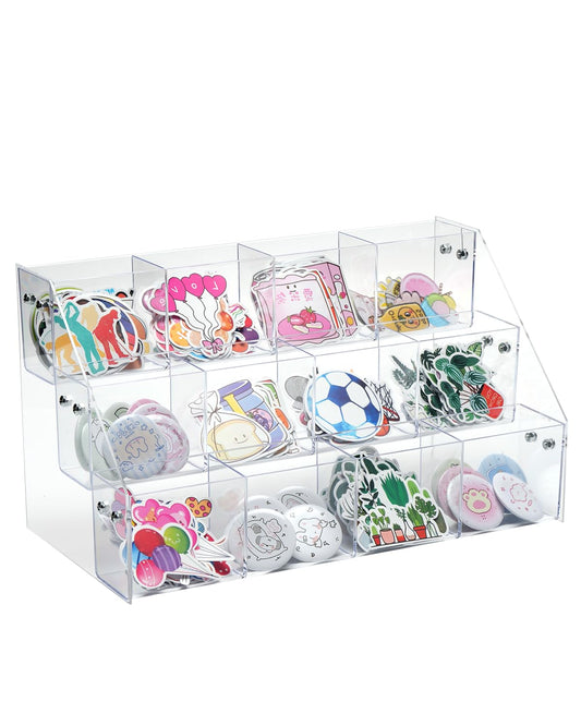 UCEC Clear Acrylic Sticker Display Stand, 3-Tier 12 Pockets Acrylic Card Display & Sticker Organizer, Essential Portable Organizer for On-the-Go Professionals, Tradeshows, Retail, and Supplier Events