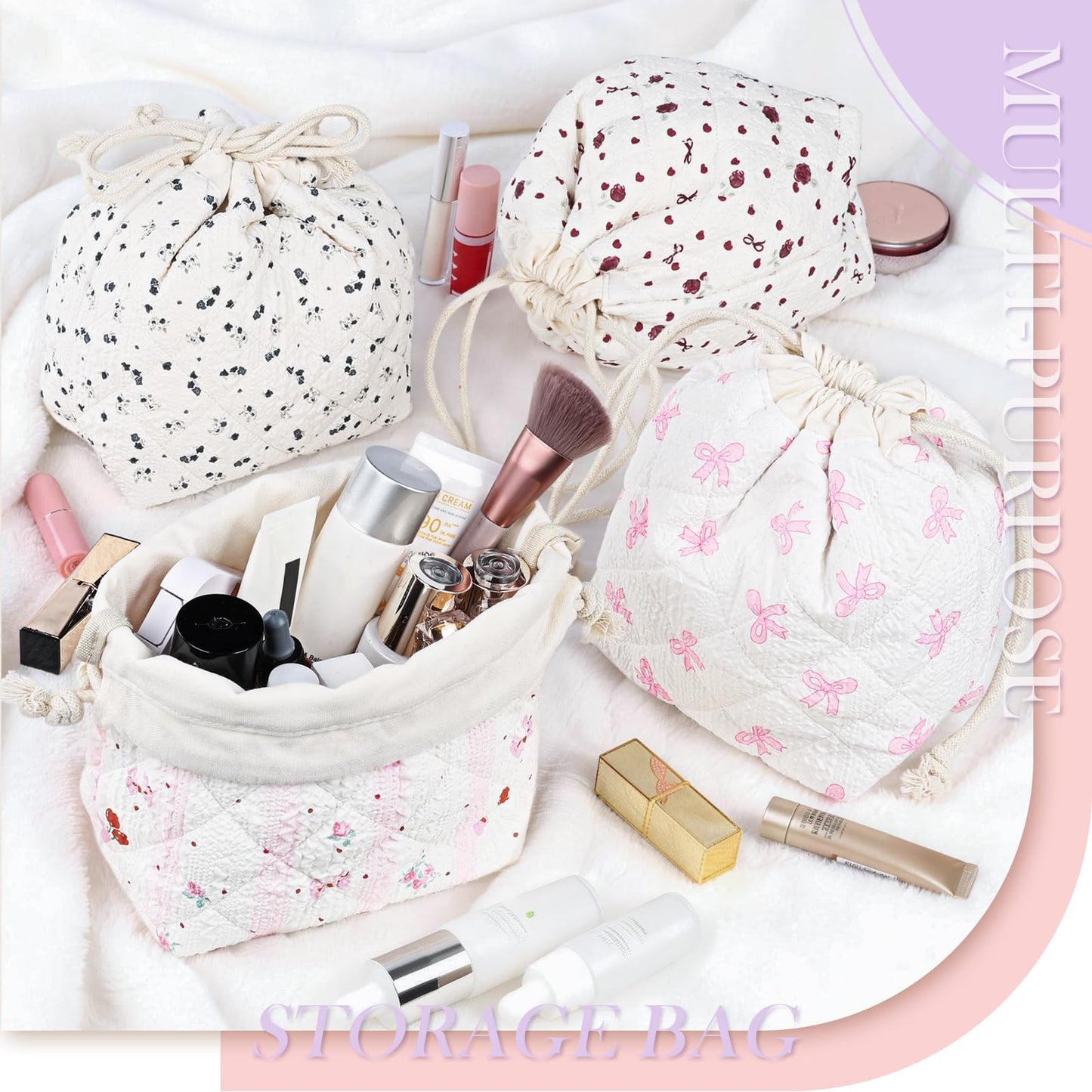 Playexen Quilted Drawstring Makeup Bag, Coquette Small Cosmetic Bag for Purse, Portable Cute Travel Makeup Pouch for Women Daily Use/Birthday/Party/Christmas (Big-Black Floral)