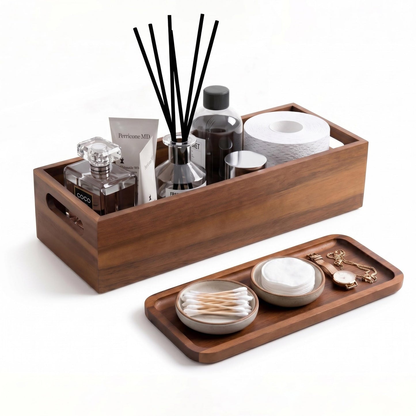 DUCIHBA Natural Acacia Wood Bathroom Vanity Tray Set, Including L-16.5 x 6 and S-12 x 5, Smooth, Durable, Attractive Decor for Bathroom, Kitchen, Home, Spa
