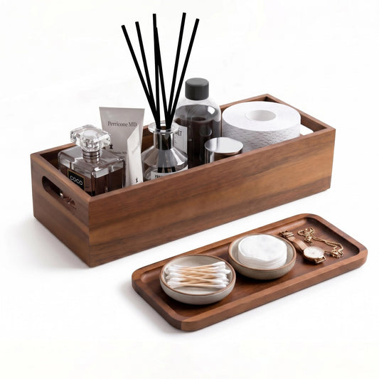 DUCIHBA Natural Acacia Wood Bathroom Vanity Tray Set, Including L-16.5 x 6 and S-12 x 5, Smooth, Durable, Attractive Decor for Bathroom, Kitchen, Home, Spa