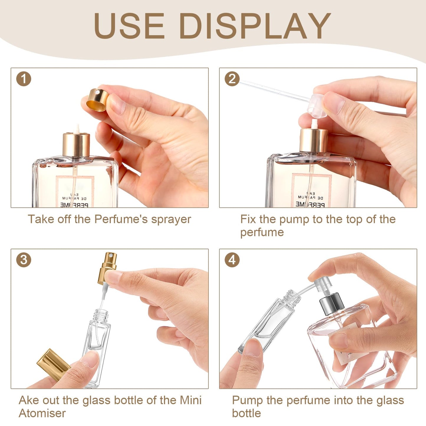 Domensi 60 Pcs 8 ml Empty Glass Perfume Bottles Bulk - Gold Refillable Cologne Spray Atomizer with Pump, for Travel, Skincare, Haircare, Cleaning & DIY Essentials
