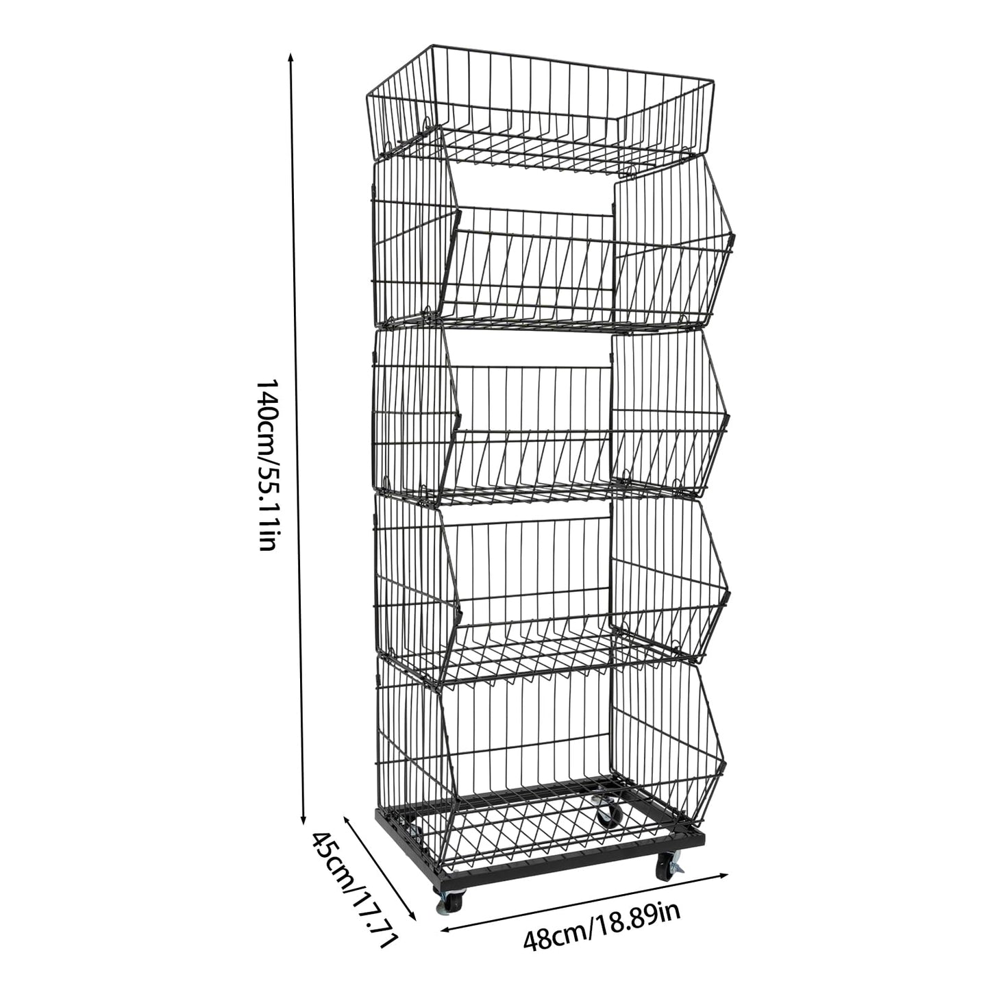Retail Display Rack, 5-Tier Market Shelf with Wheels Metal Fruit Storage Shelf Vegetable Snack Basket Supermarket Retail Rack Display Stand for Supermarkets Stores Bars 18.9*17.72*55.12in Black