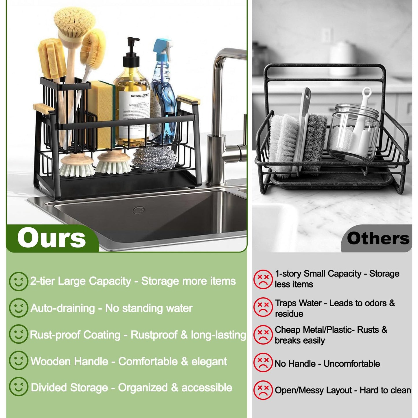 Housolution Sink Caddy Organizer, 2-Tier Sponge Holder for Kitchen Sink with Flexible High Brush Holder, Kitchen Countertop Storage Accessories, Soap Dispenser Organizer, Rustproof