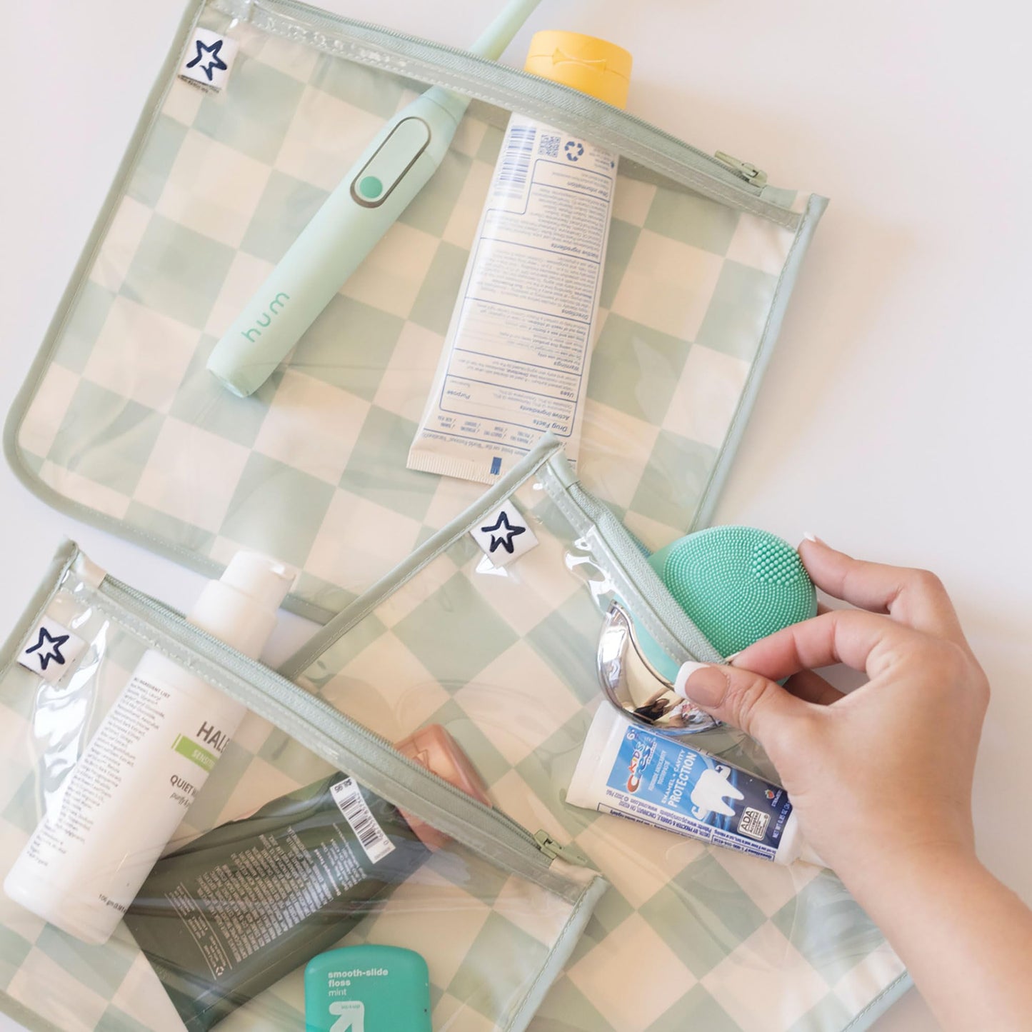 Tiny Twinkle Diaper Bag Organizing Pouches | 3 Pack Mess-Proof Clear Front Travel Organizer Bags & TSA Approved Toiletry Bag Set for Baby and Mom Essentials (Sage Checkers)