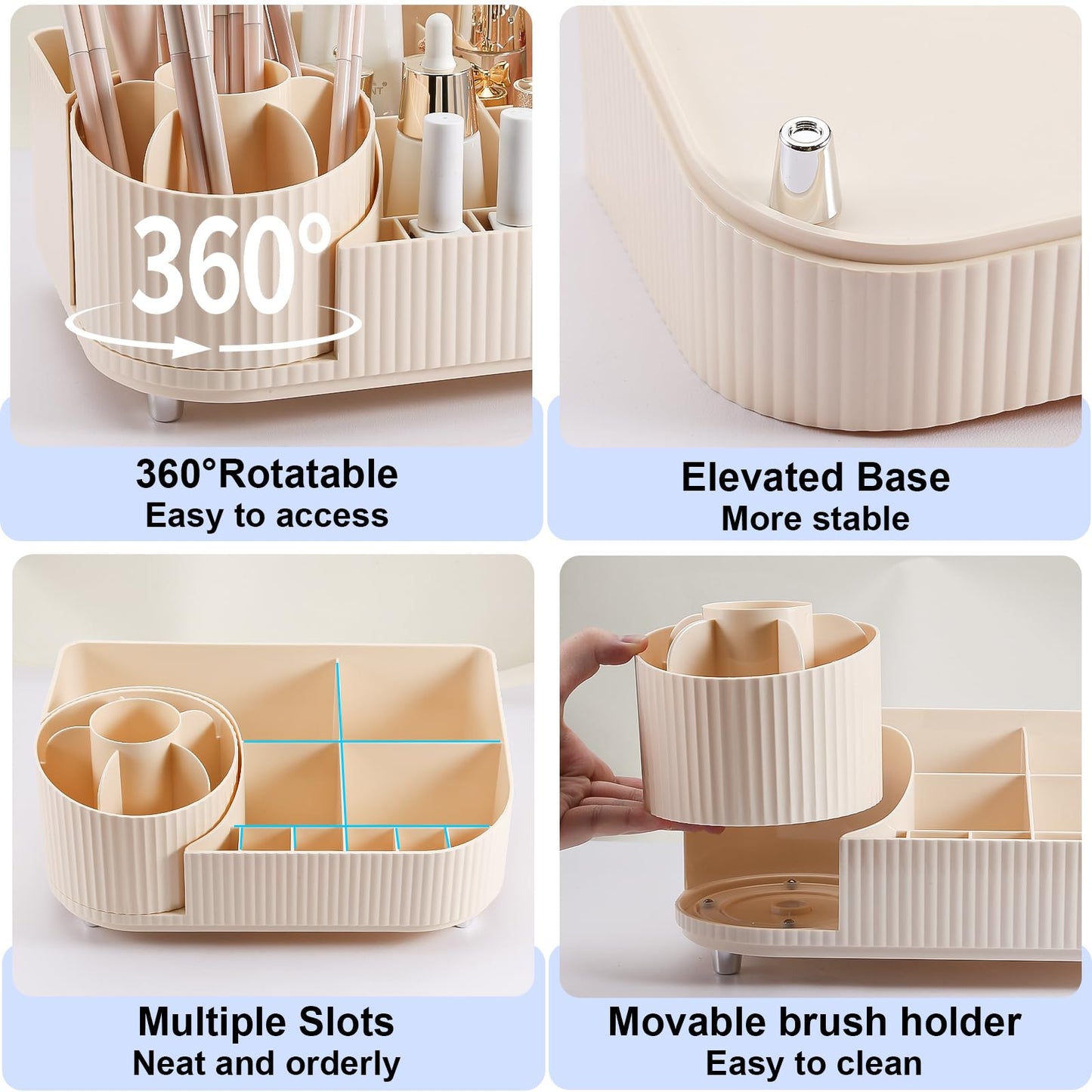 DASITON Large Capacity Makeup Organizer with 360° Rotating Makeup Brush Holder, Multi-Compartment Skincare and Cosmetic Storage for Vanity, Bathroom Countertop, Dresser, Desktop Storage Box (Cream)