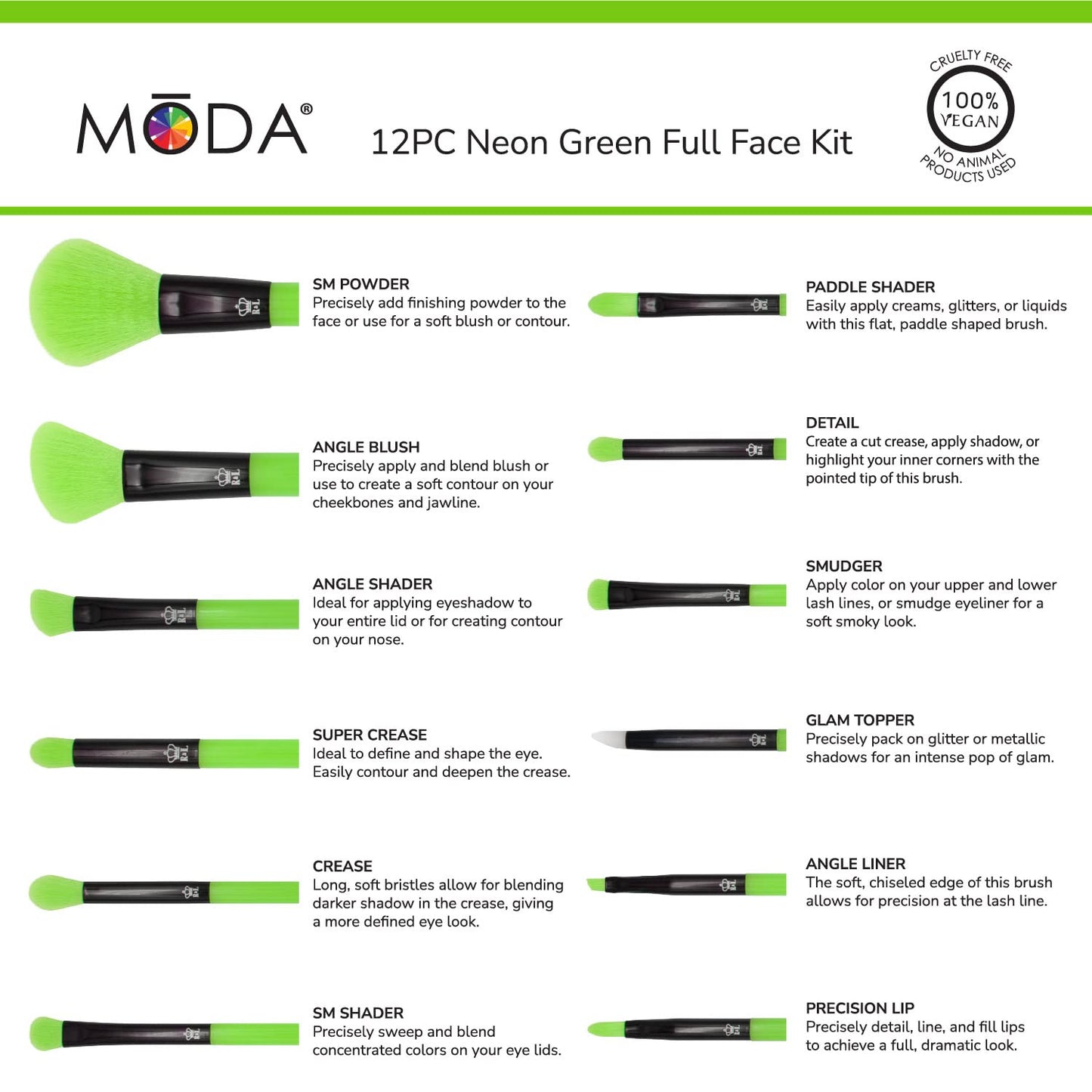 MODA Neon Green Makeup Brush Set, 12pc Vegan Face and Eye Brush Kit, for Foundation, Blush, Powder and Eyeshadow, Ultra Soft Synthetic Bristles, for Smooth Blending and Flawless Finish