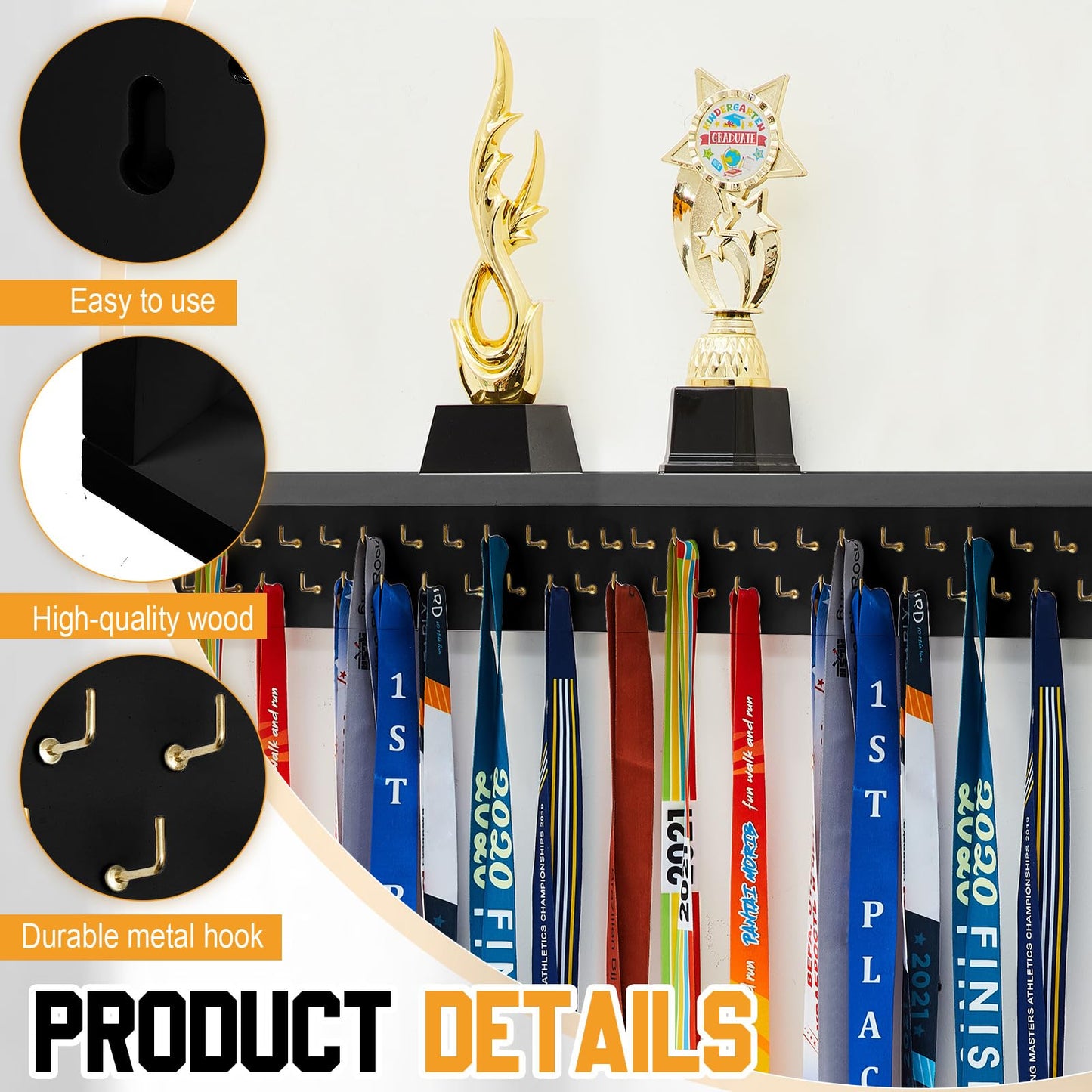 Threehoney Wooden Medal Hanger Display Trophy Holder Shelf with 25/37/49/65/83 Hooks Wall Mount Ribbon Holder Gift for Gymnastics Running Soccer Awards(4ft/47inch,Black Shelf Golden Hooks)