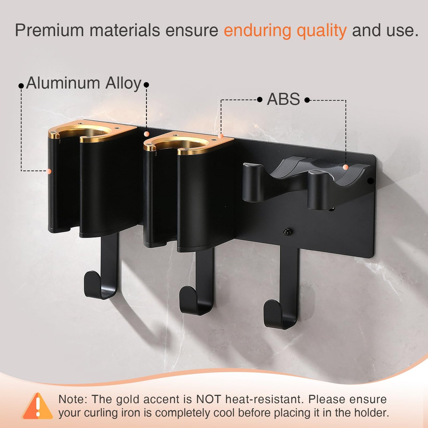 HAVICATO Hair Tool Organizer Wall Mount, Hair Dryer Curling iron Organizer, Flat Iron Straightener Holder, Aluminum Alloy & ABS plastic, Black and Gold (Not Including Hair Tools)