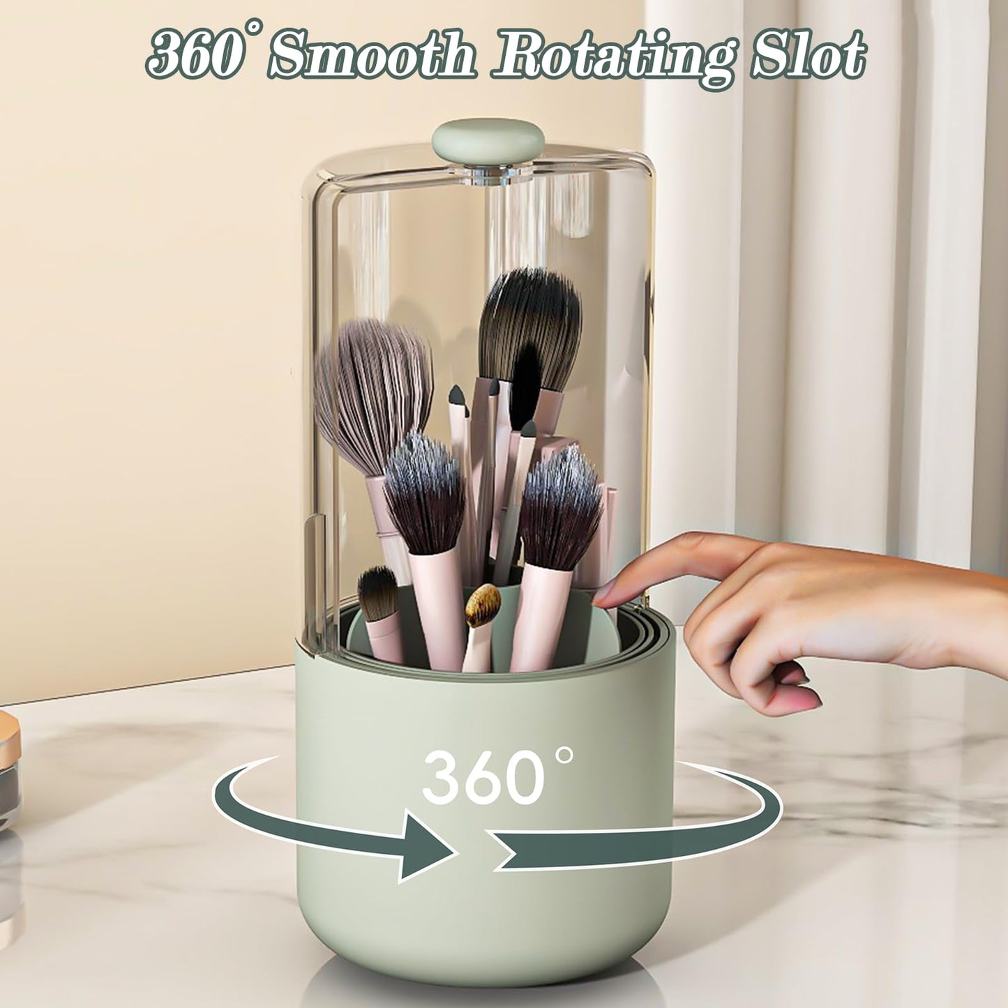 Zufudo Makeup Brush Holder with Dustproof Cover, Clear 360 Rotating Make Up Brushes Organizer for Counter Vanity Bathroom, Sage Green