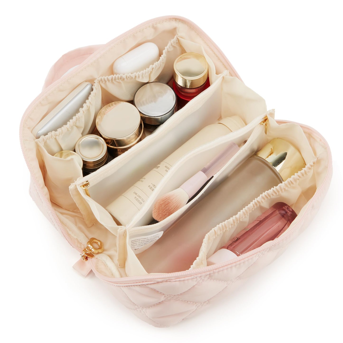 YTL Travel Makeup Bag, Puffer Cosmetic Bag for Women, Waterproof Puffy Padded Make Up Bags, Flat Open Portable Organizer Case Toiletry Bag Pouch Purse for Skincare, Brushes & Travel Essentials